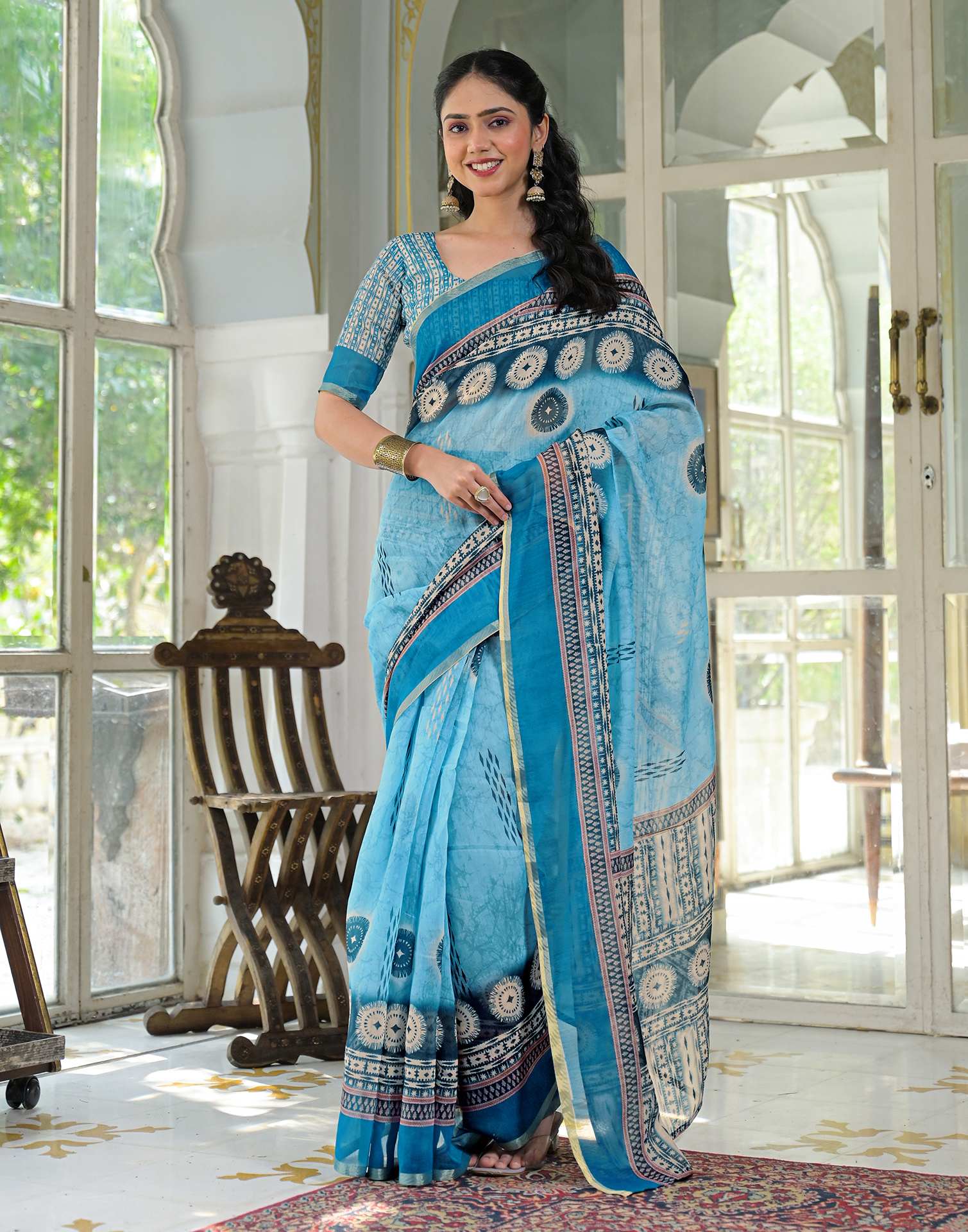 Ready To Wear Sky Blue Cotton Linen Printed Saree
