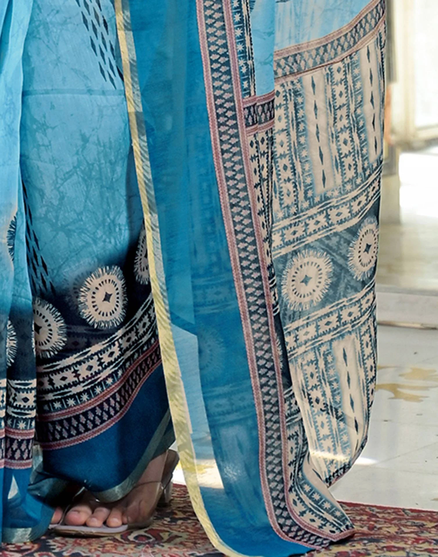 Ready To Wear Sky Blue Cotton Linen Printed Saree - Image 10