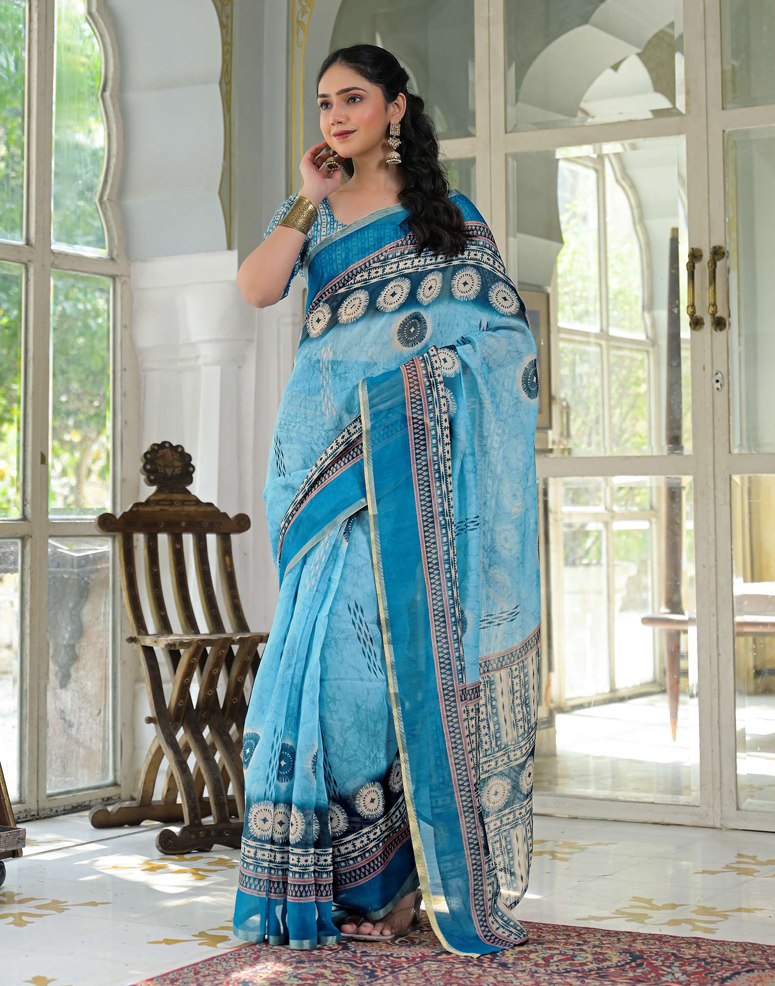Ready To Wear Sky Blue Cotton Linen Printed Saree - Image 4