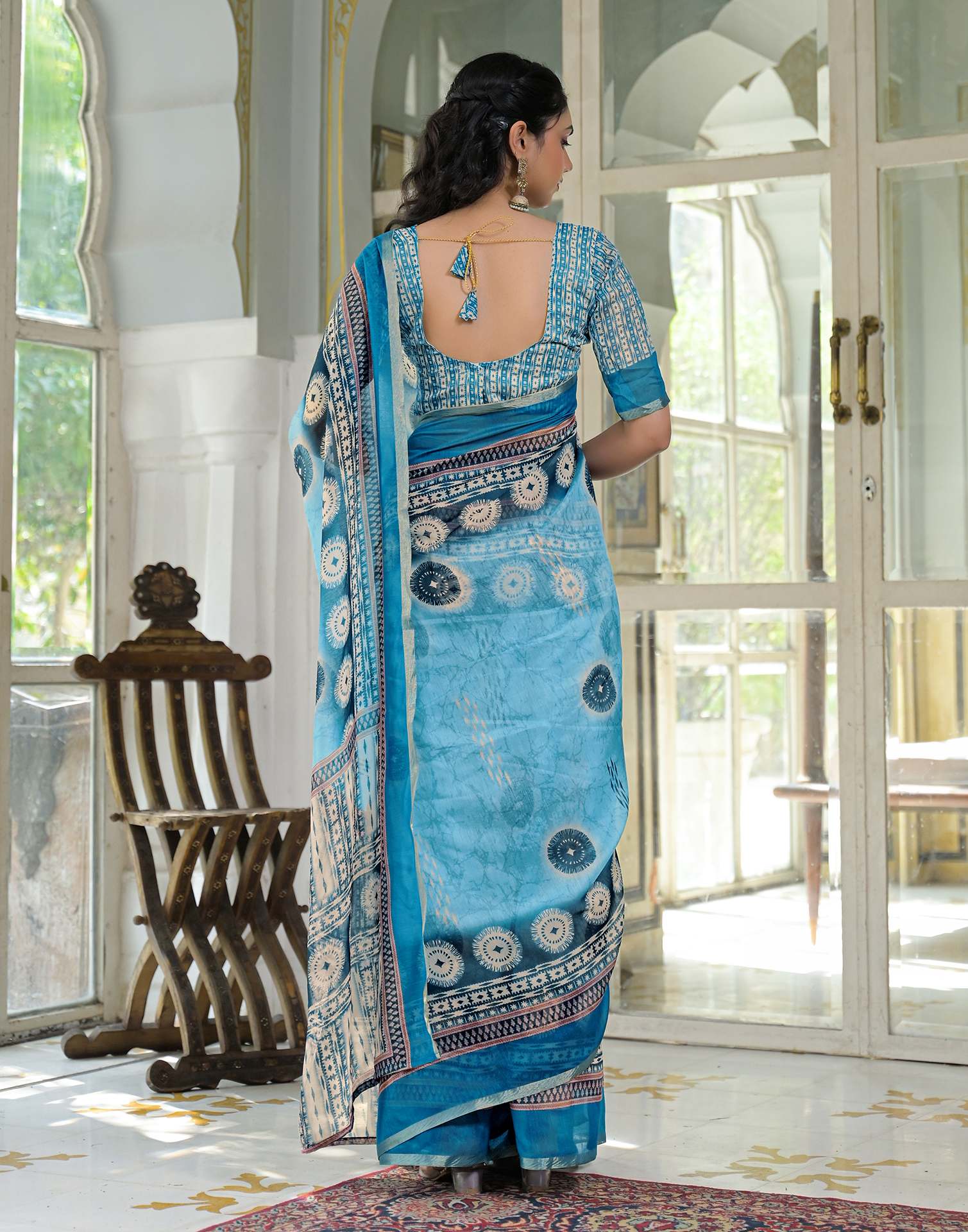 Ready To Wear Sky Blue Cotton Linen Printed Saree - Image 6