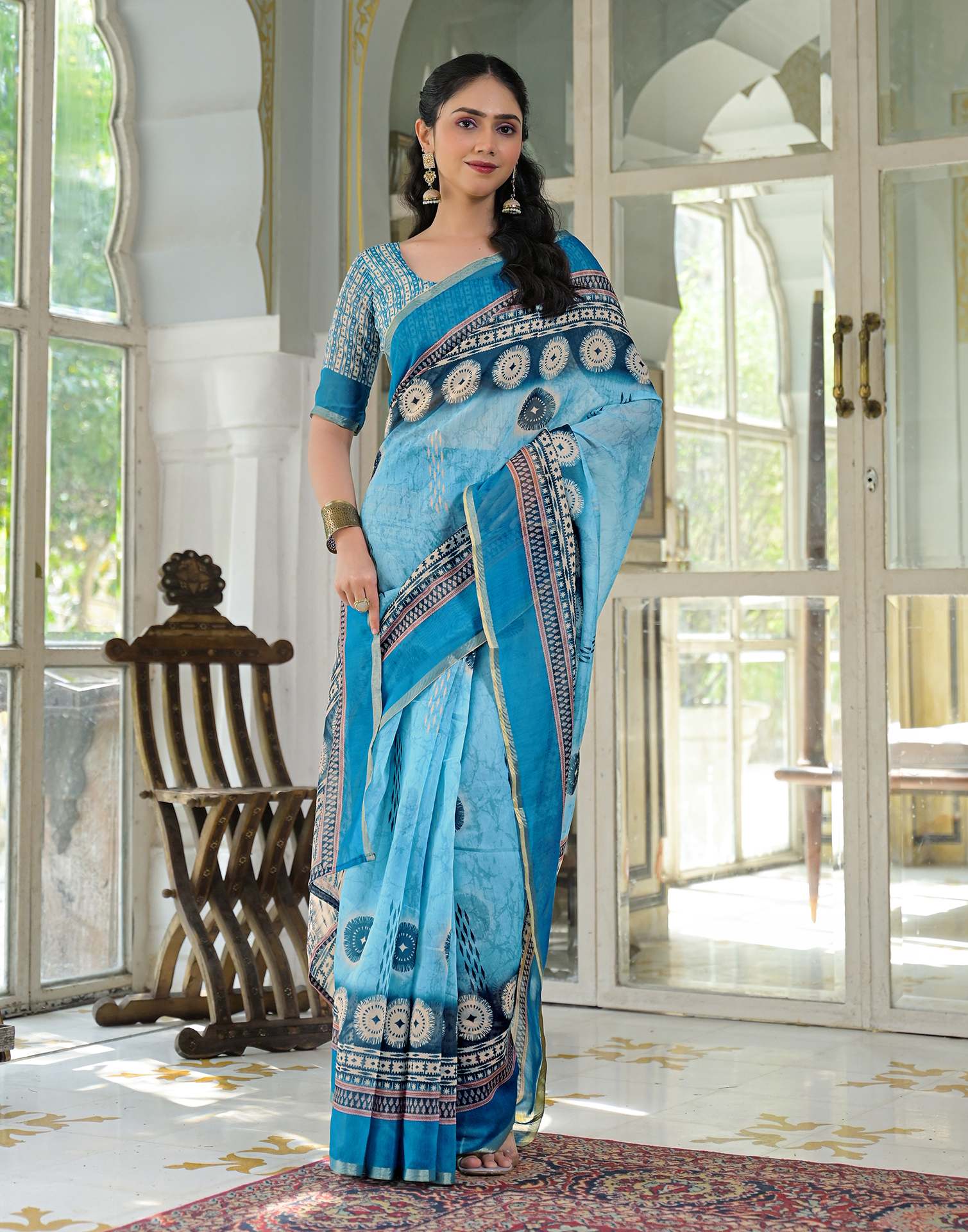 Ready To Wear Sky Blue Cotton Linen Printed Saree - Image 7