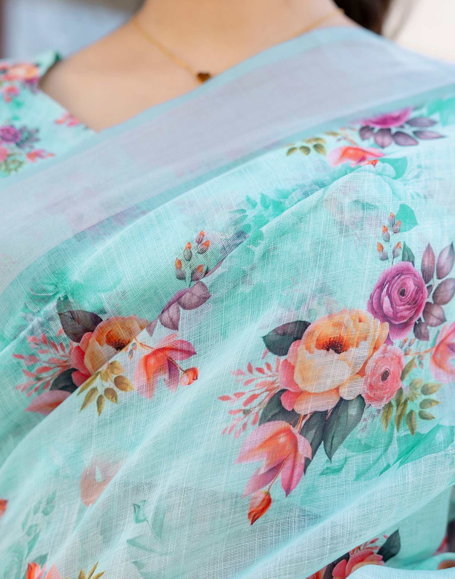 Ready To Wear Sky Blue Linen Woven Border Floral Printed Saree - Image 10