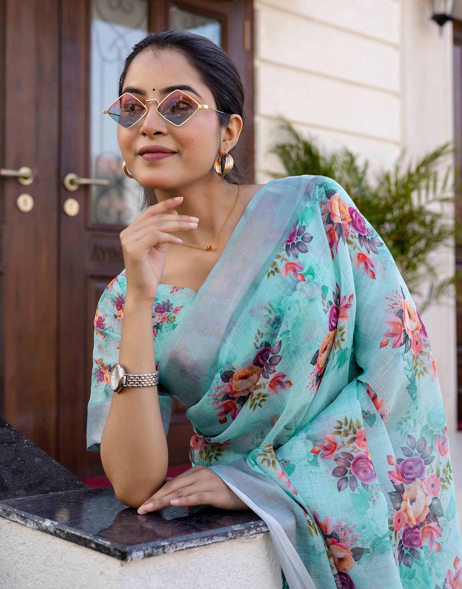 Ready To Wear Sky Blue Linen Woven Border Floral Printed Saree - Image 4
