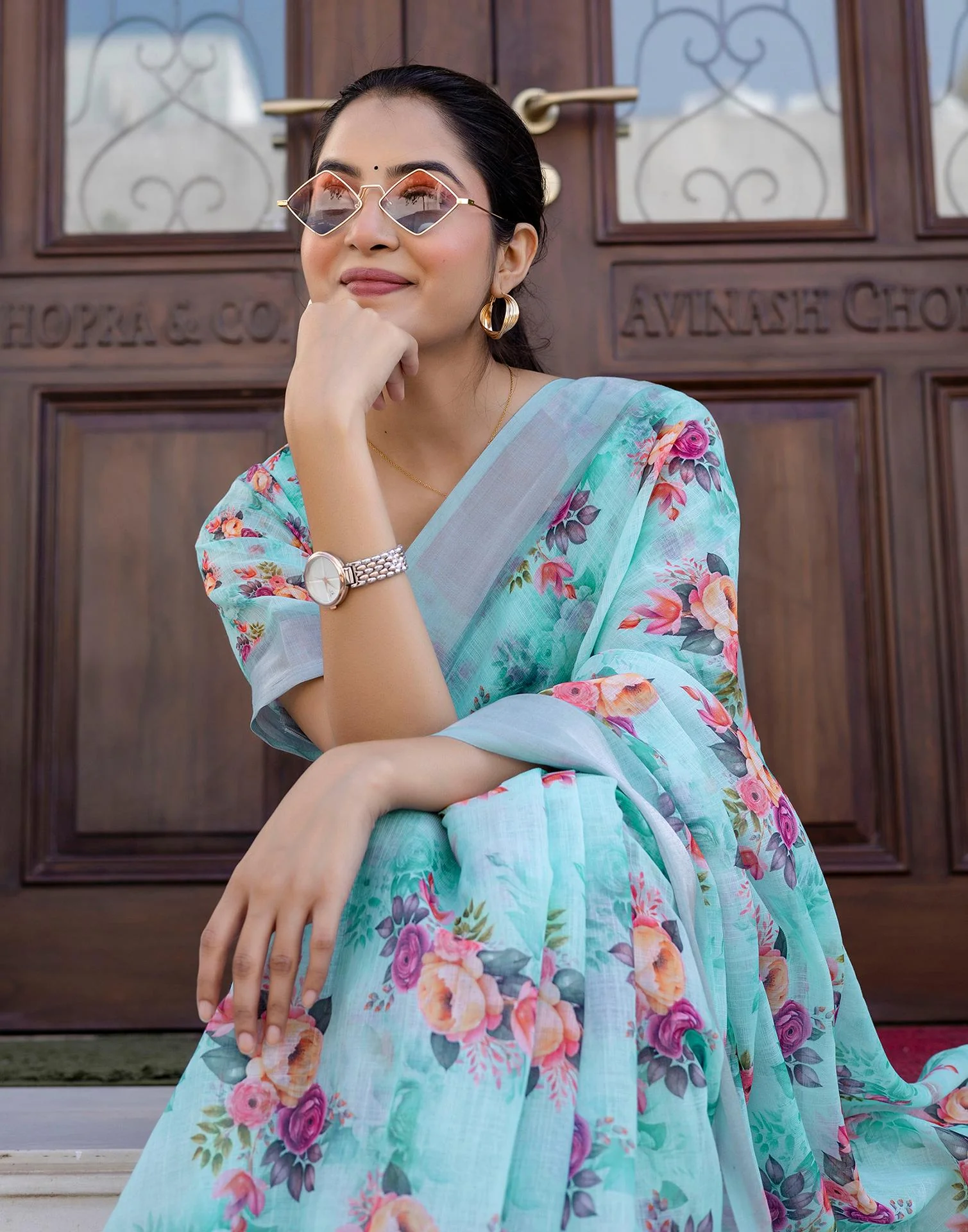 Ready To Wear Sky Blue Linen Woven Border Floral Printed Saree - Image 5