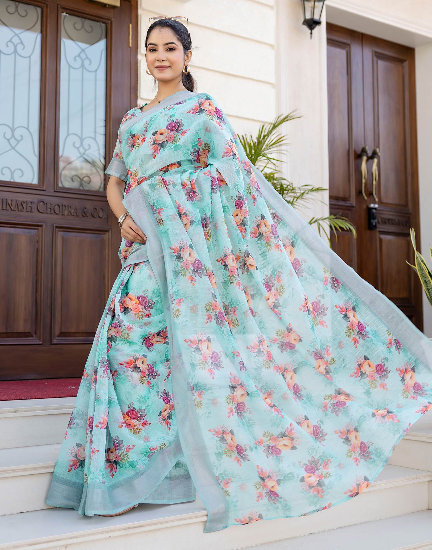 Ready To Wear Sky Blue Linen Woven Border Floral Printed Saree - Image 6