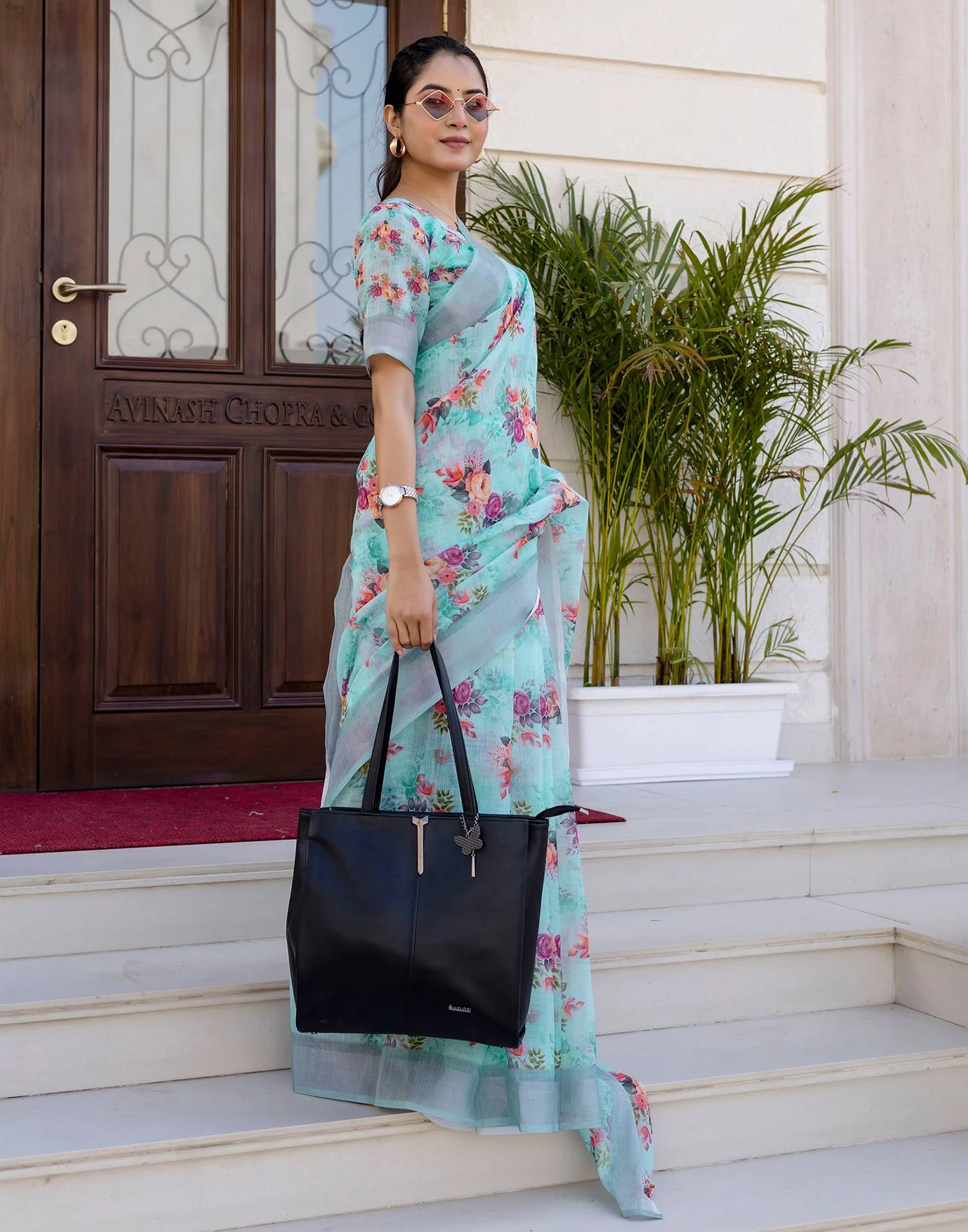 Ready To Wear Sky Blue Linen Woven Border Floral Printed Saree - Image 7