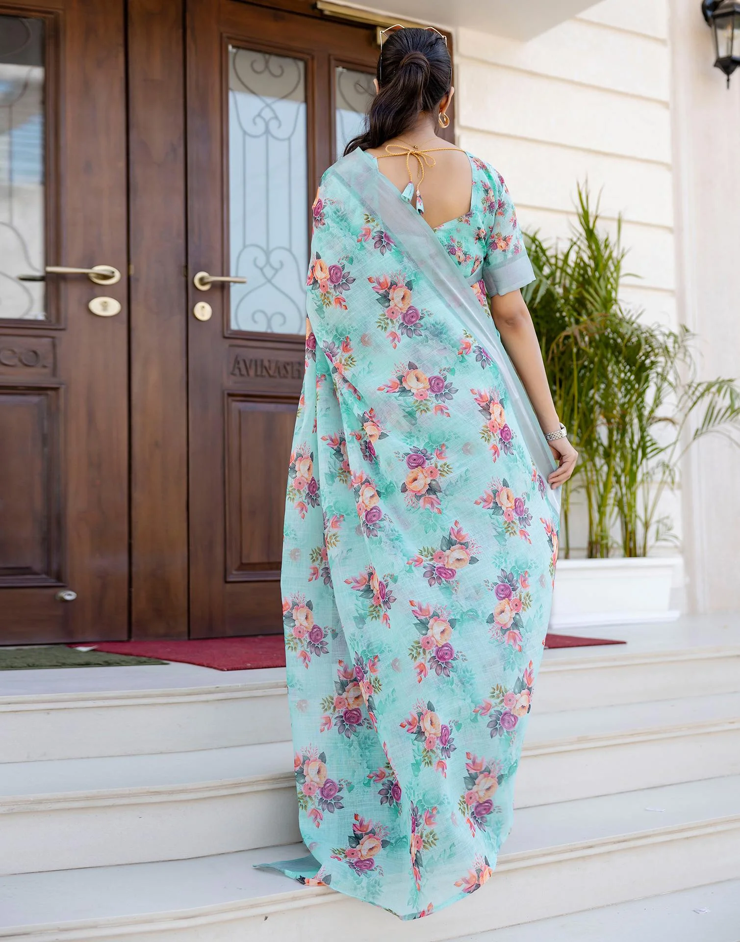 Ready To Wear Sky Blue Linen Woven Border Floral Printed Saree - Image 8