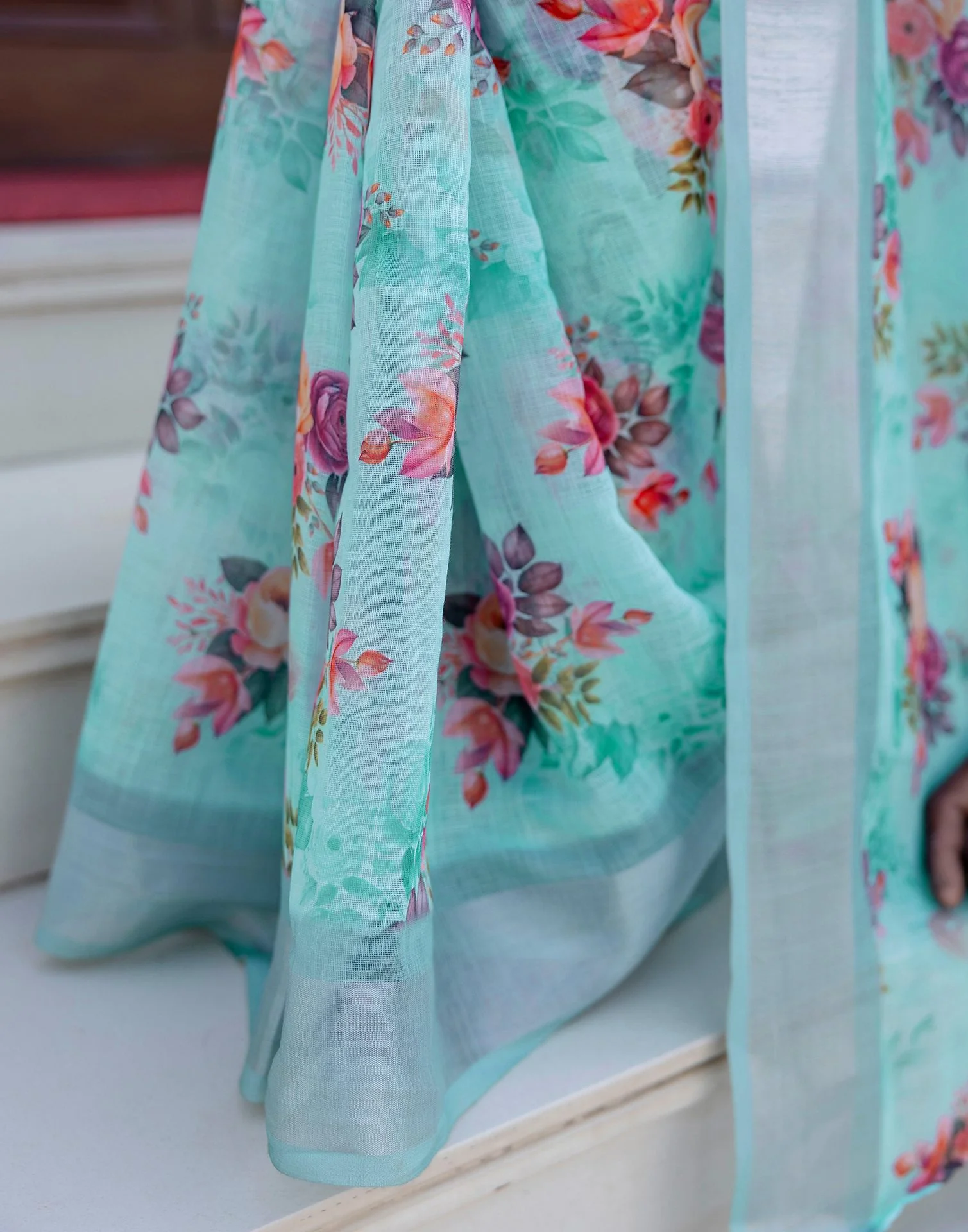 Ready To Wear Sky Blue Linen Woven Border Floral Printed Saree - Image 9