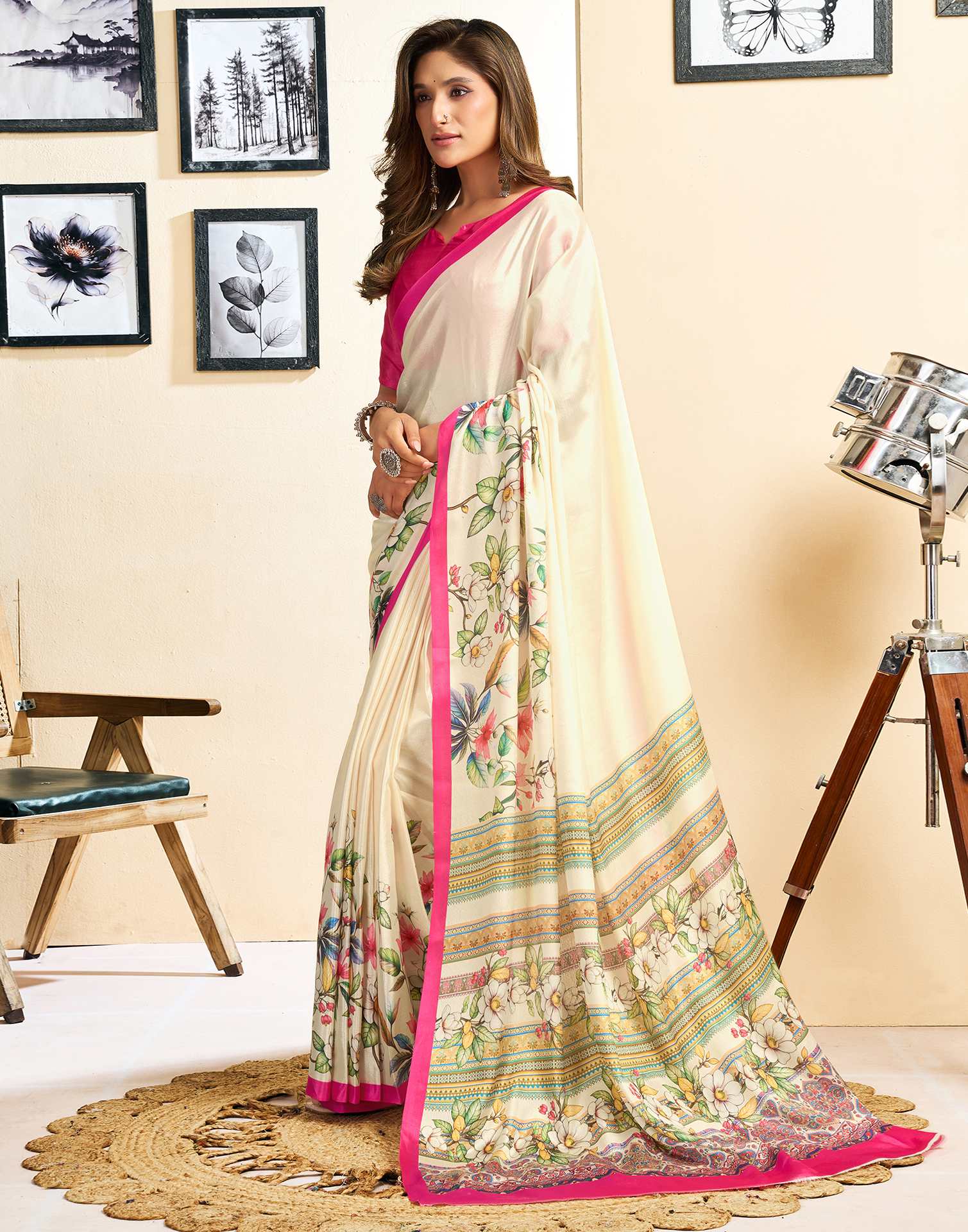 Ready To Wear Off White Chinnon Floral Printed Saree - Image 5