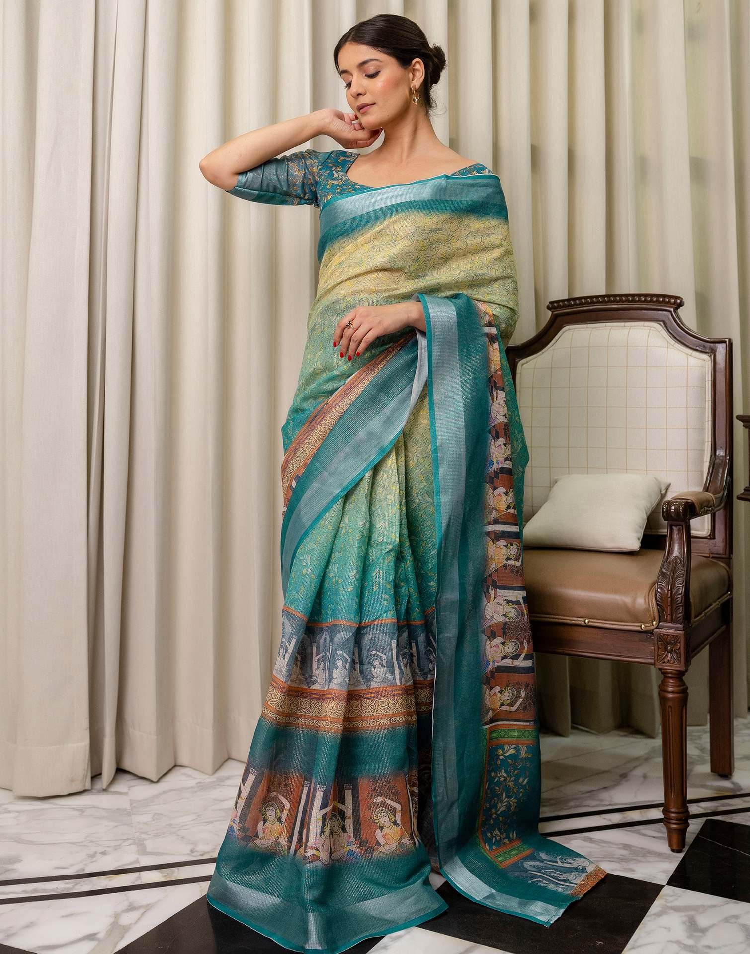 Ready To Wear Teal Blue Cotton Printed Saree - Image 10