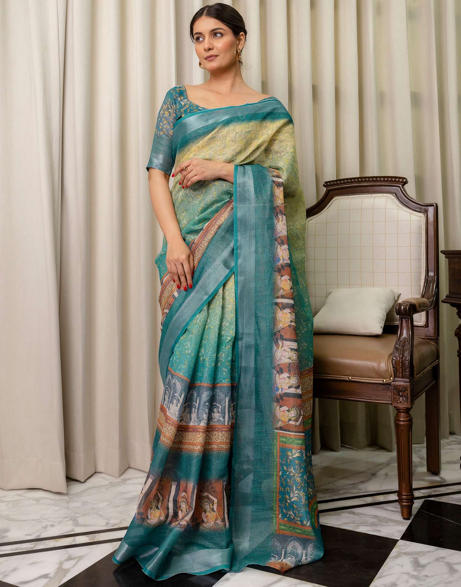 Ready To Wear Teal Blue Cotton Printed Saree - Image 2