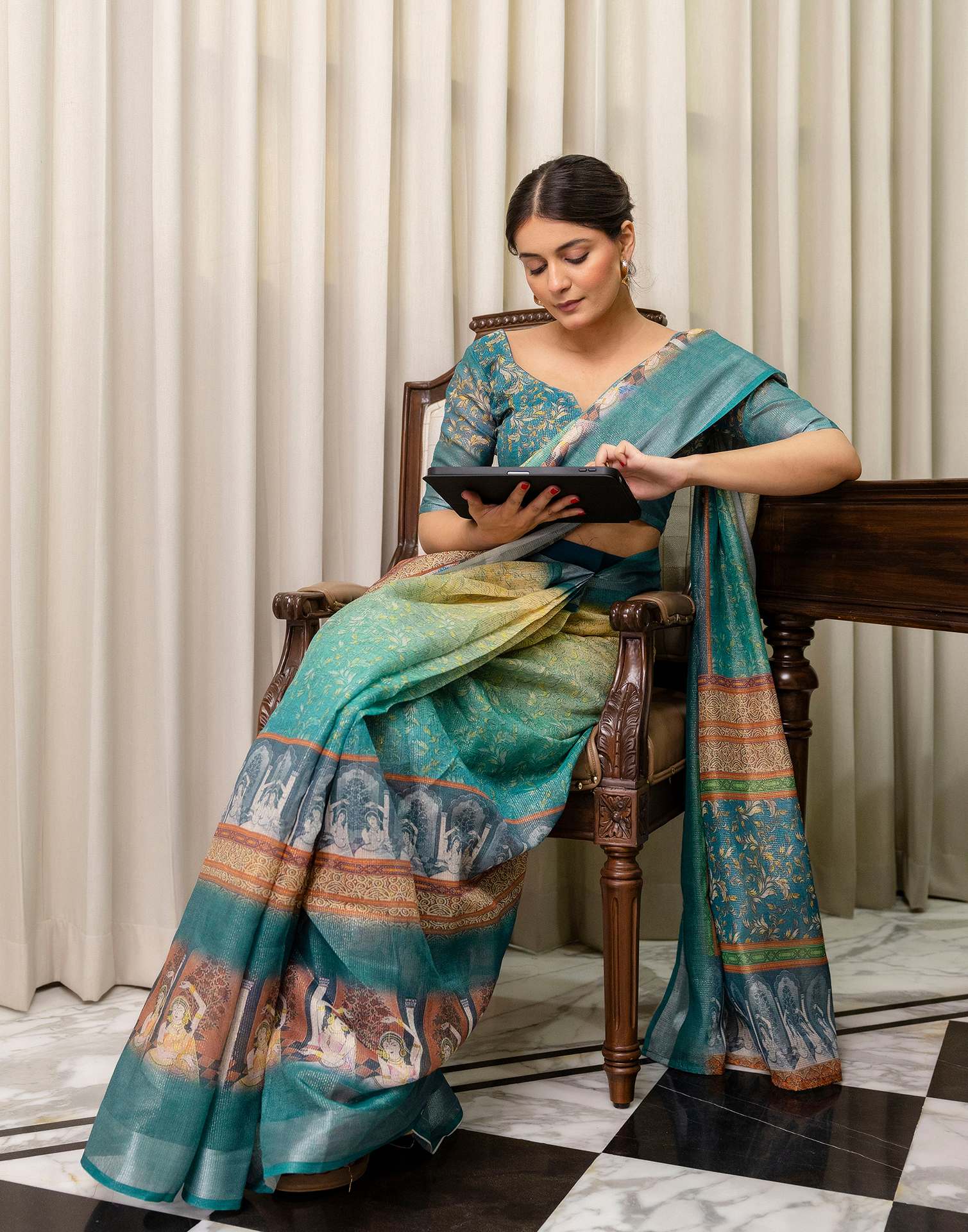 Ready To Wear Teal Blue Cotton Printed Saree - Image 6