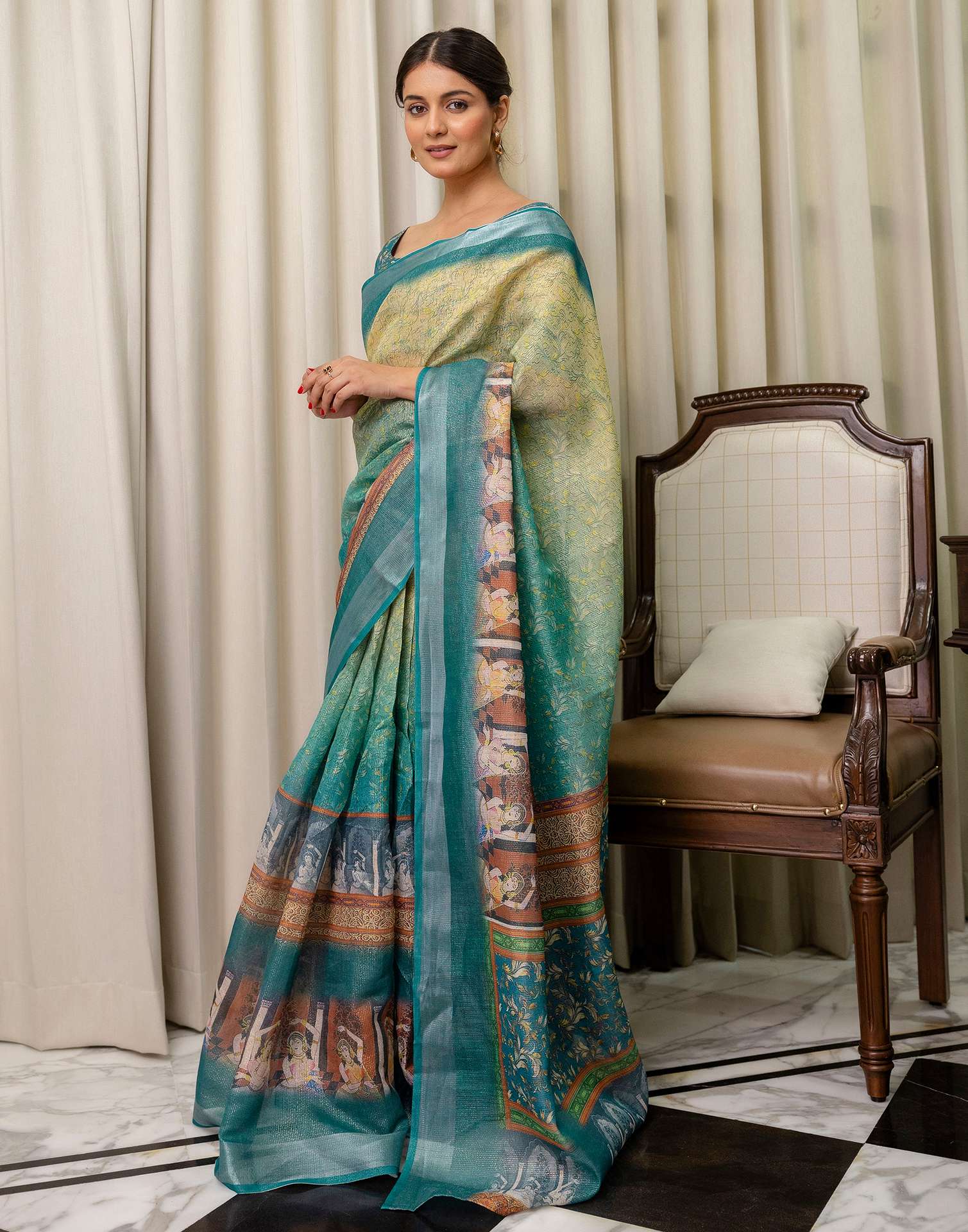 Ready To Wear Teal Blue Cotton Printed Saree - Image 7