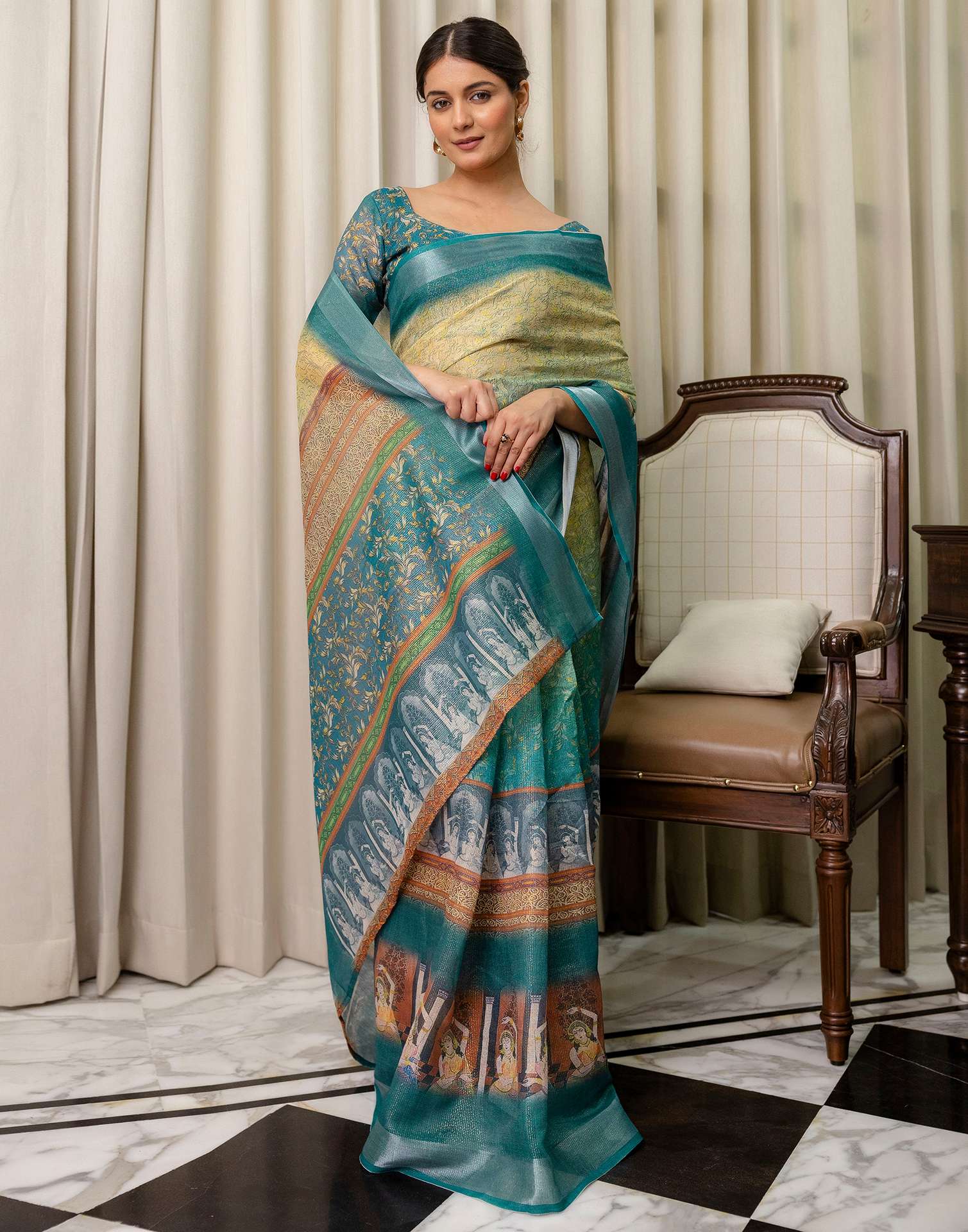 Ready To Wear Teal Blue Cotton Printed Saree - Image 8