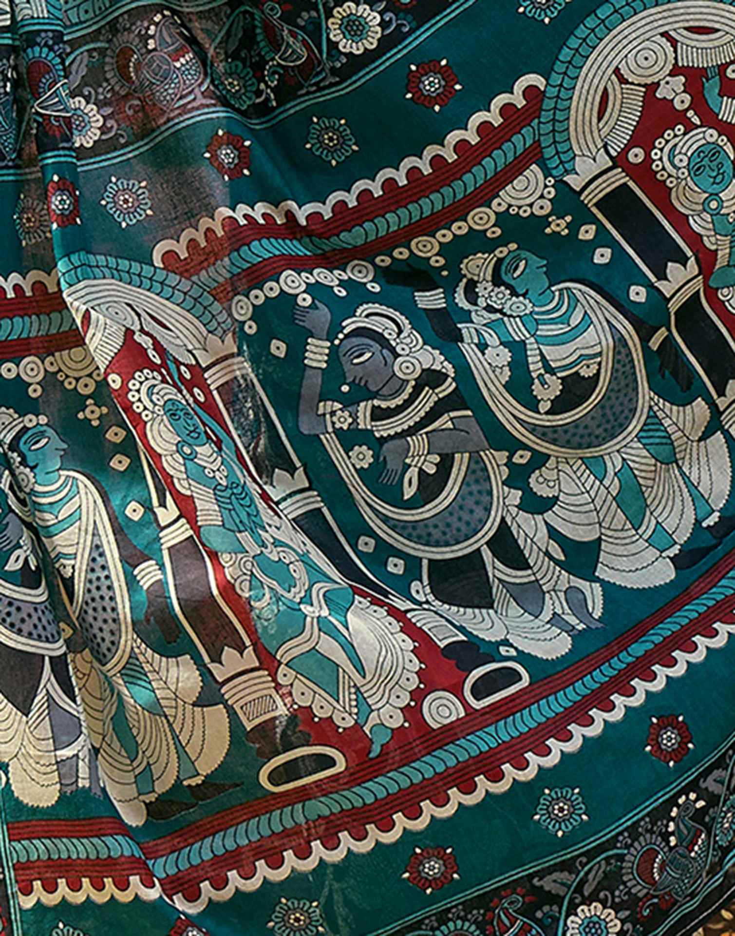 Ready To Wear Teal Blue Cotton Printed Saree - Image 10