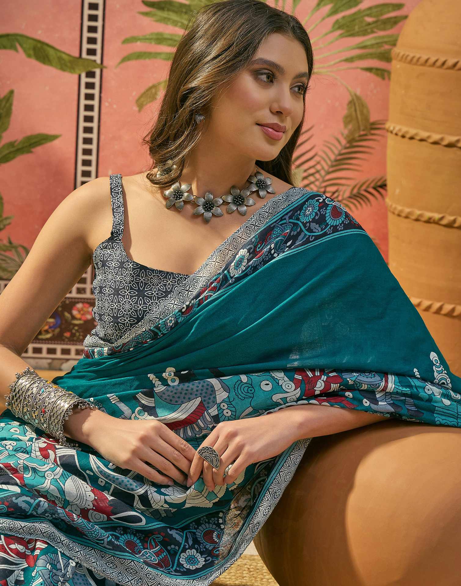 Ready To Wear Teal Blue Cotton Printed Saree - Image 2