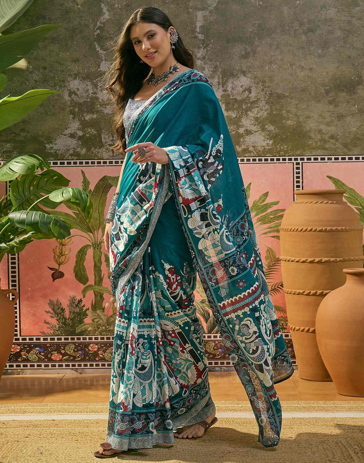 Ready To Wear Teal Blue Cotton Printed Saree - Image 4