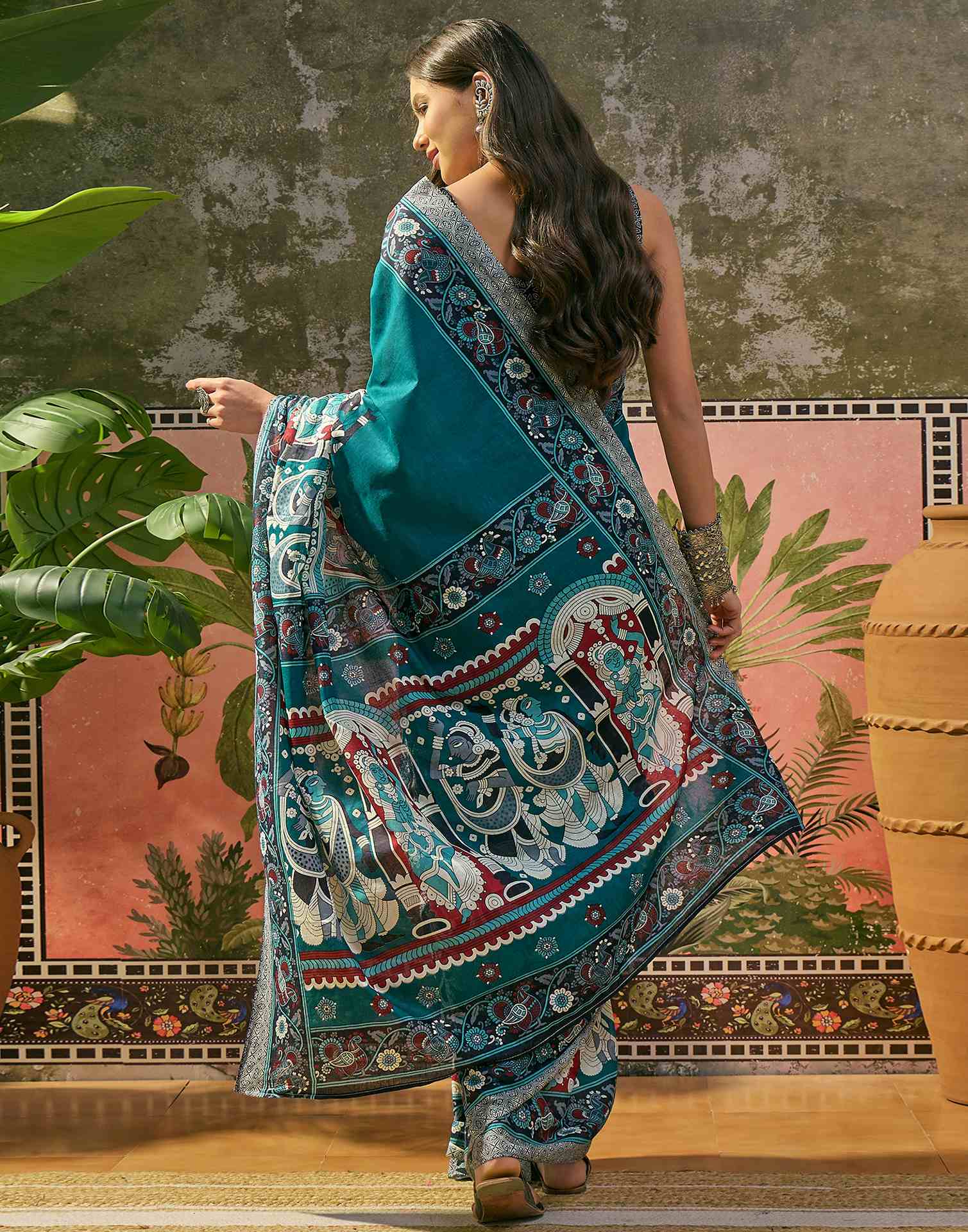Ready To Wear Teal Blue Cotton Printed Saree - Image 6