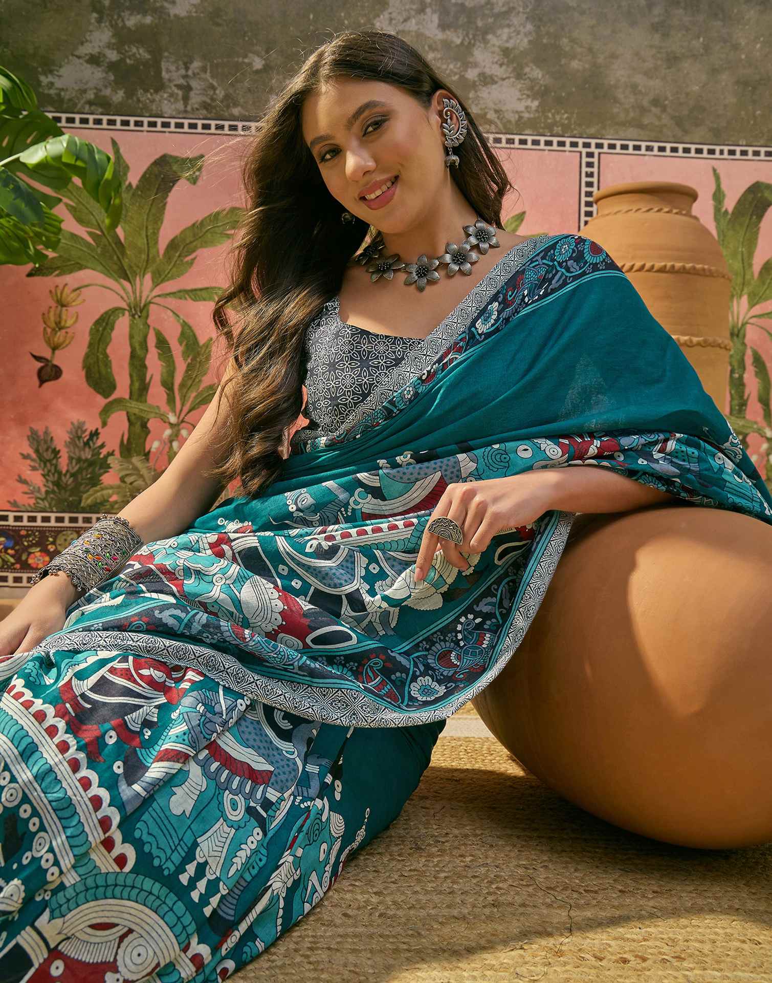Ready To Wear Teal Blue Cotton Printed Saree - Image 7