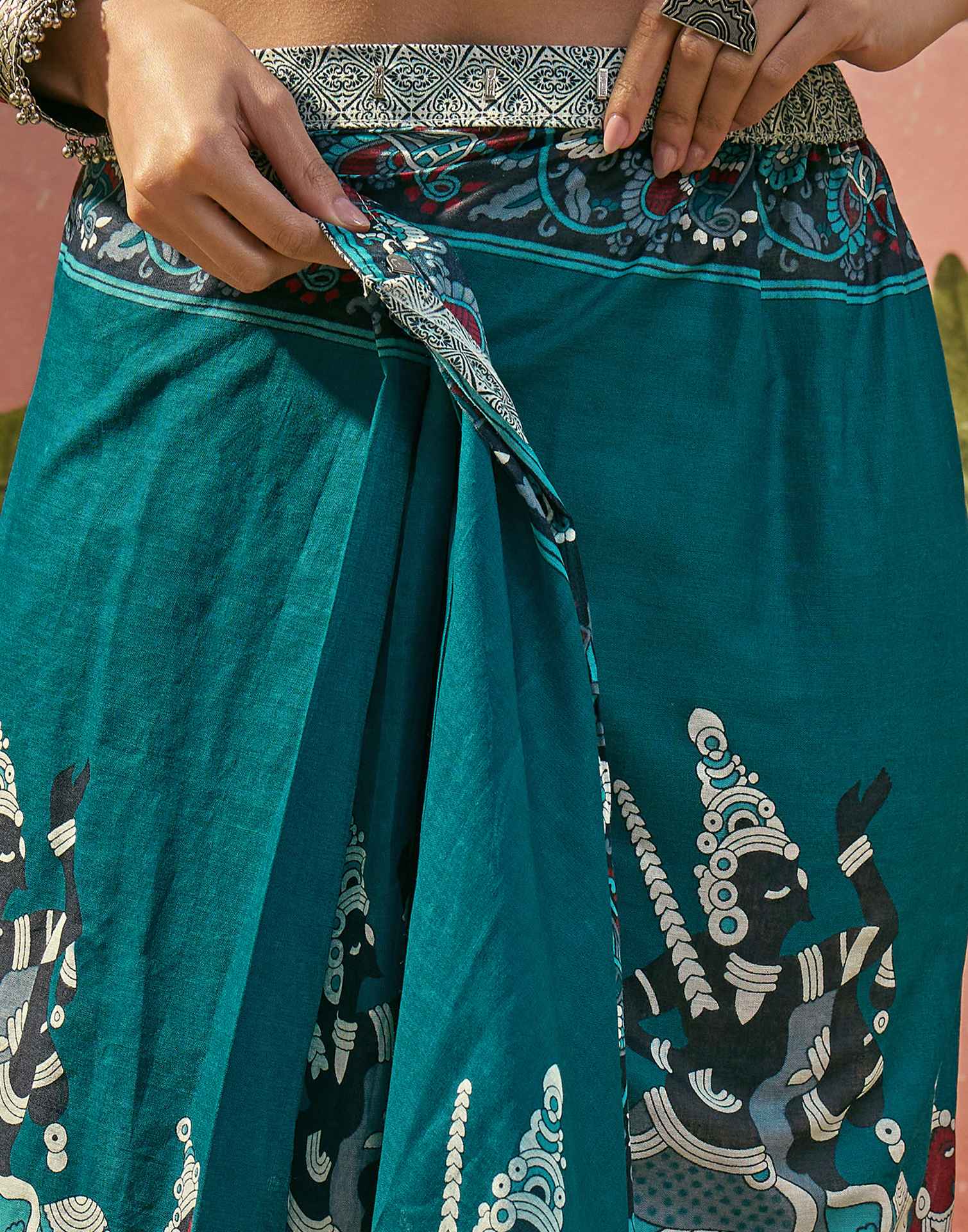 Ready To Wear Teal Blue Cotton Printed Saree - Image 8