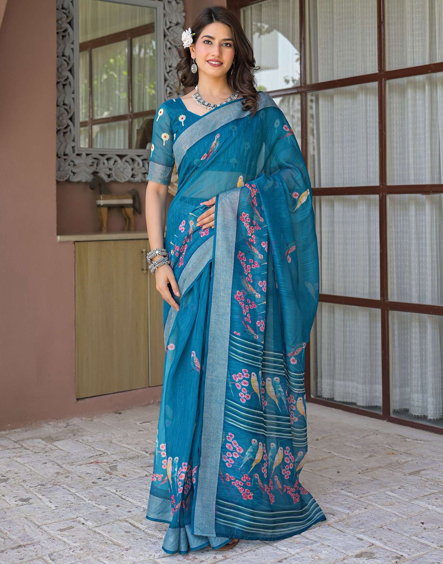 Ready To Wear Teal Blue Linen Printed Embroidery Border Saree - Image 4