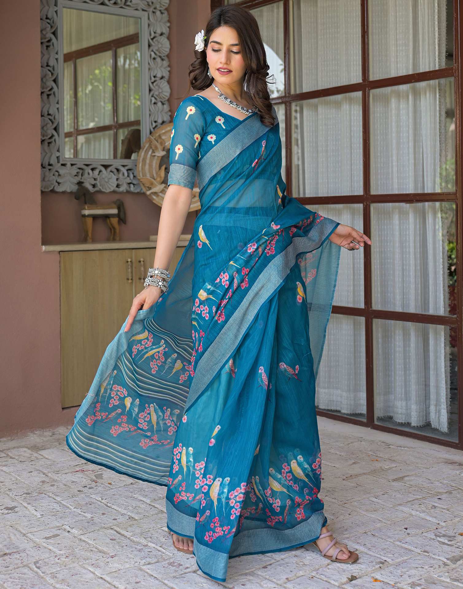 Ready To Wear Teal Blue Linen Printed Embroidery Border Saree - Image 6