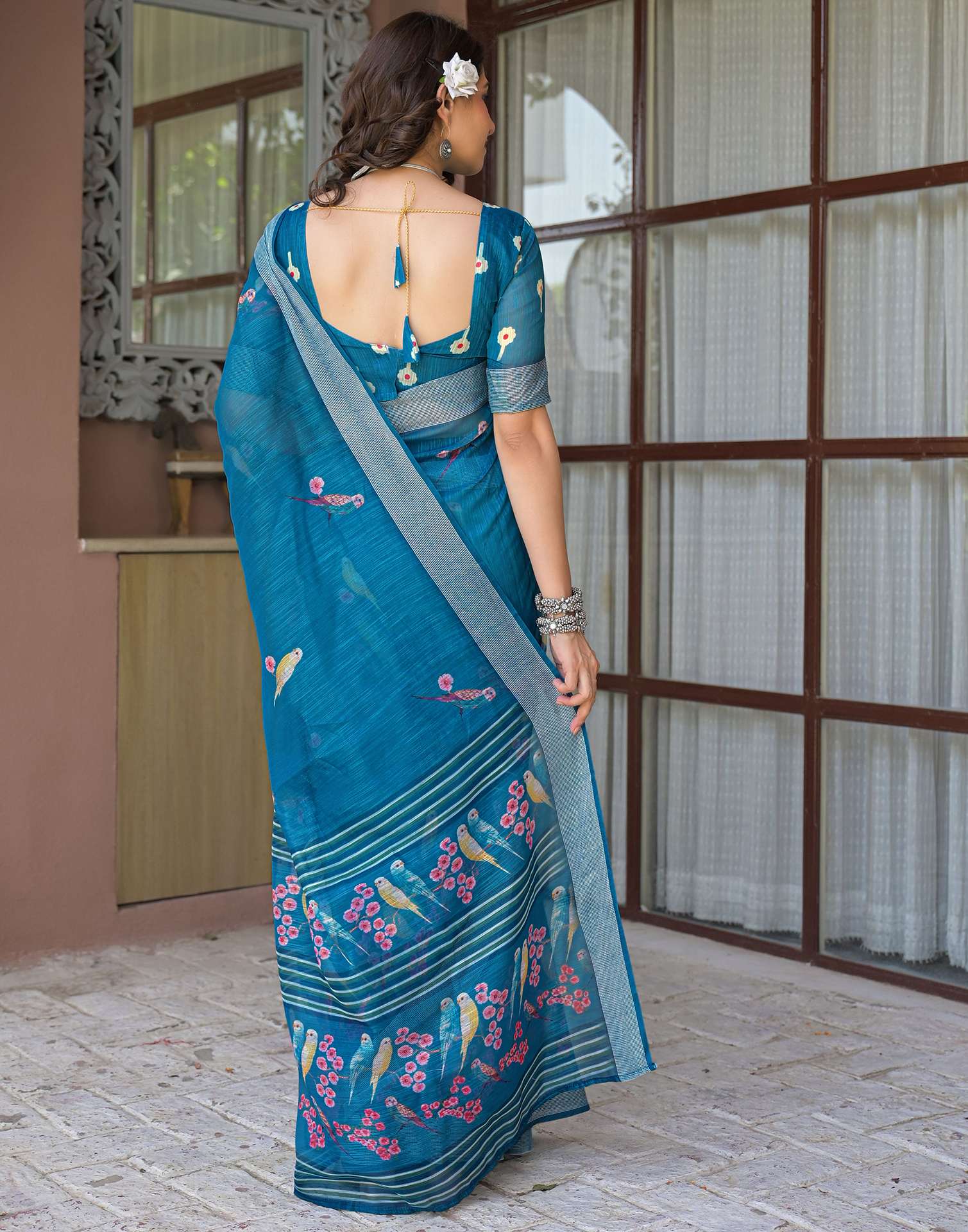 Ready To Wear Teal Blue Linen Printed Embroidery Border Saree - Image 7