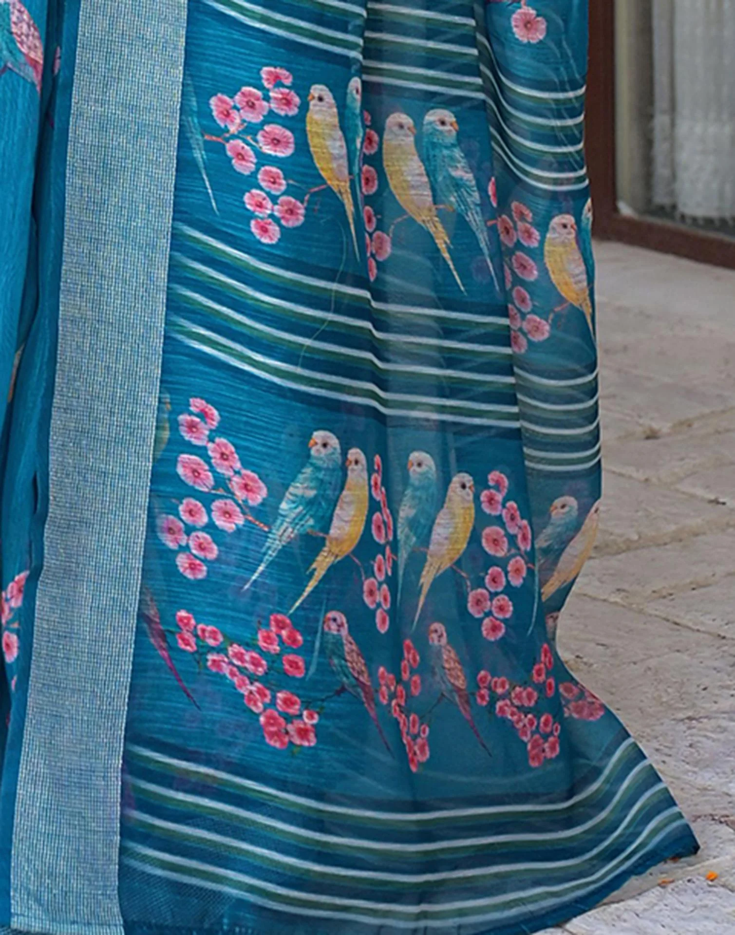 Ready To Wear Teal Blue Linen Printed Embroidery Border Saree - Image 9