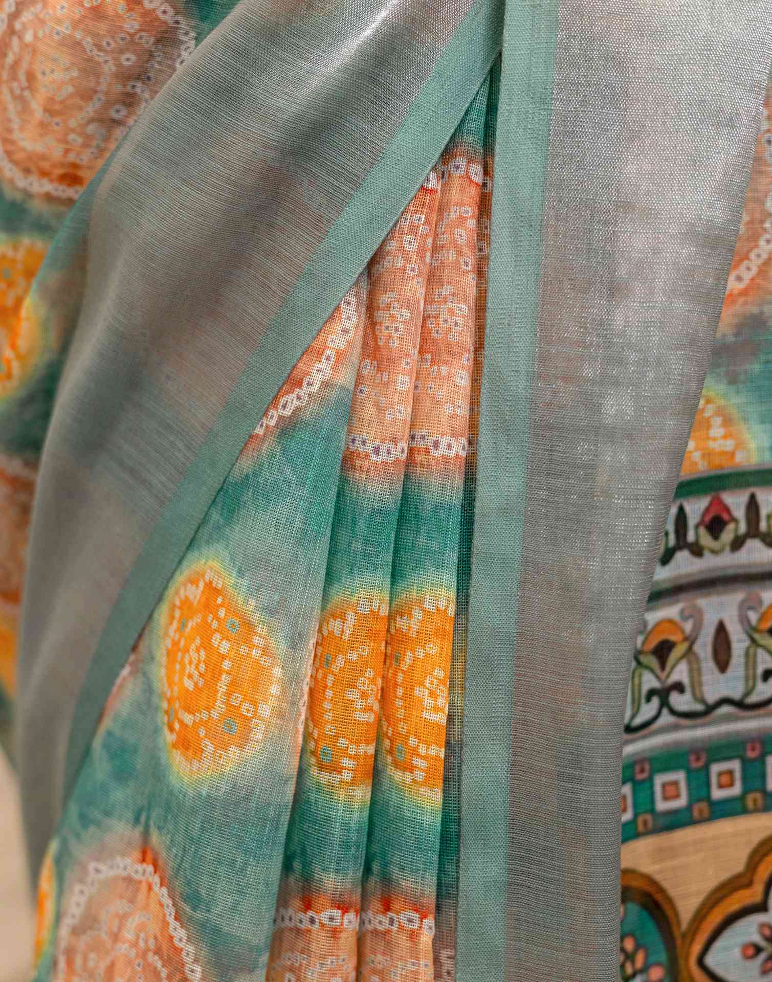 Ready To Wear Teal Blue Linen Printed Saree - Image 15