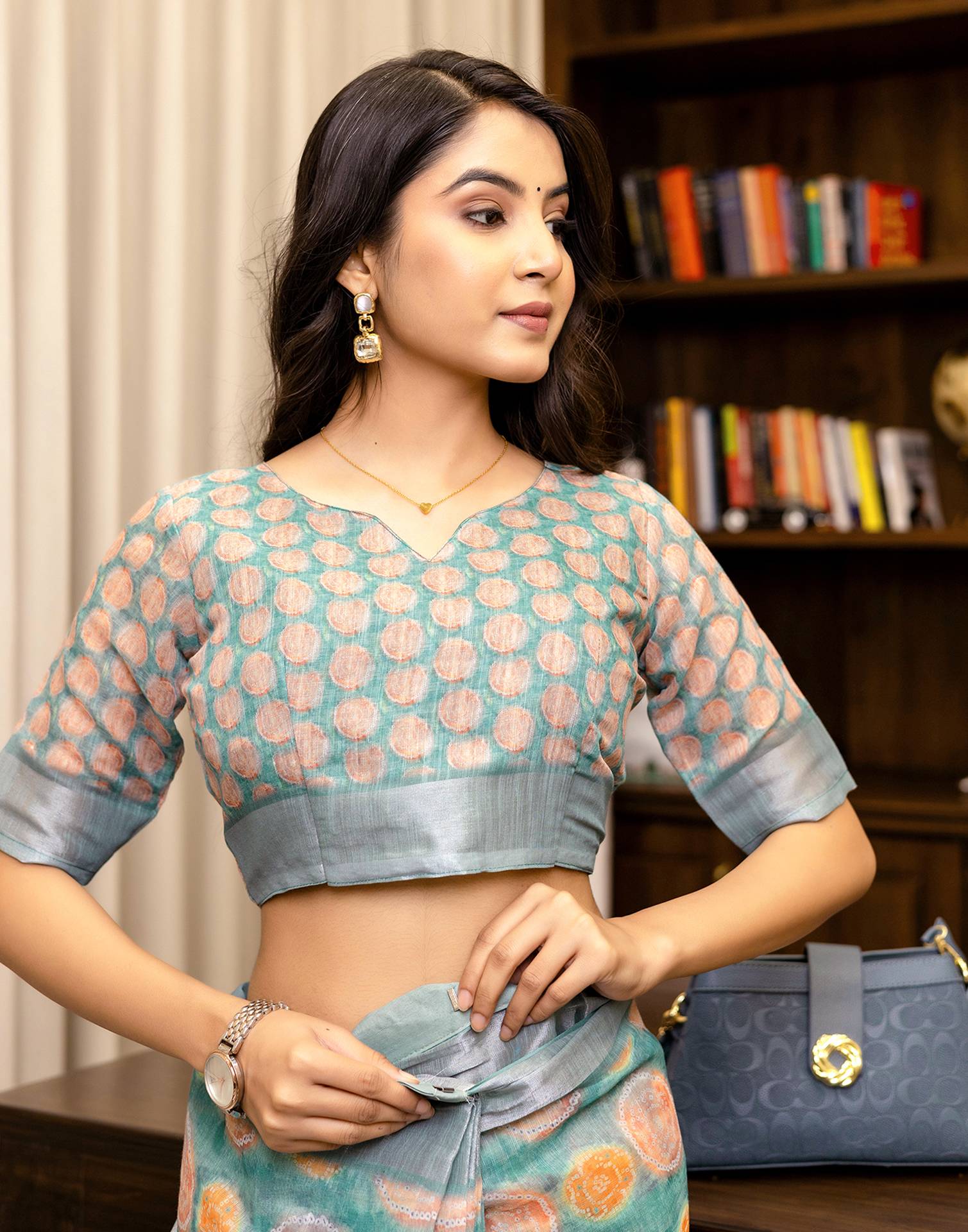 Ready To Wear Teal Blue Linen Printed Saree - Image 2