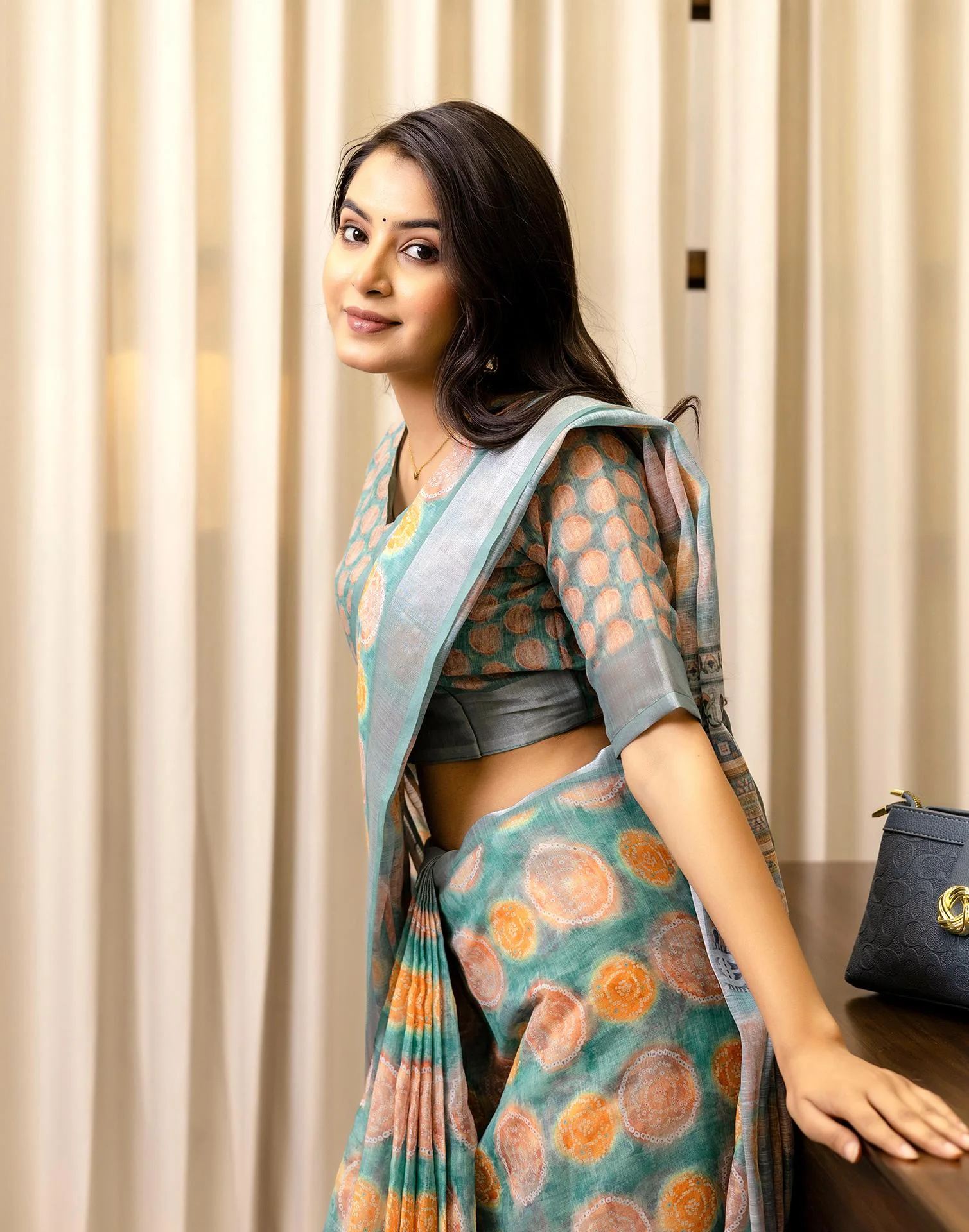 Ready To Wear Teal Blue Linen Printed Saree - Image 5