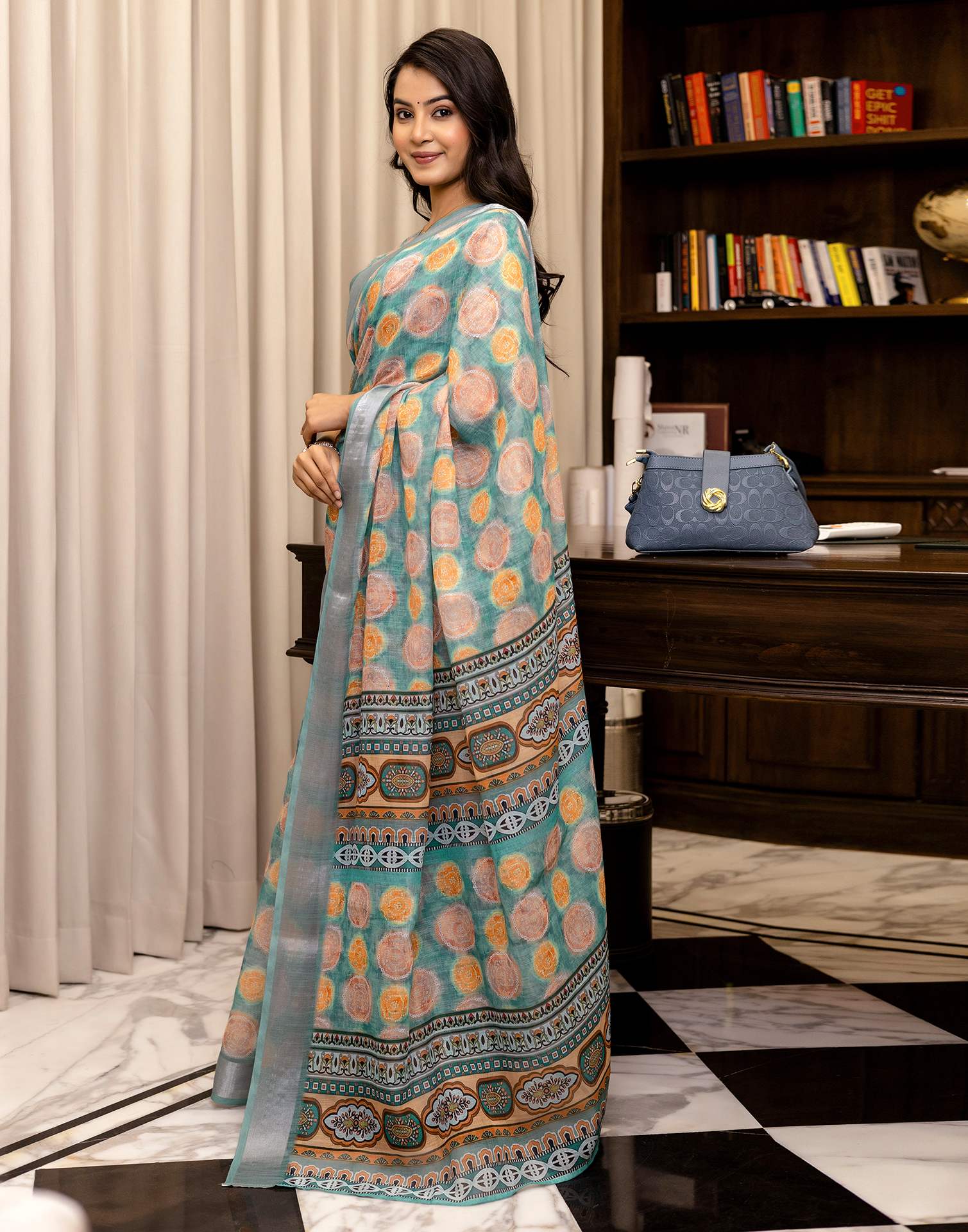 Ready To Wear Teal Blue Linen Printed Saree - Image 8