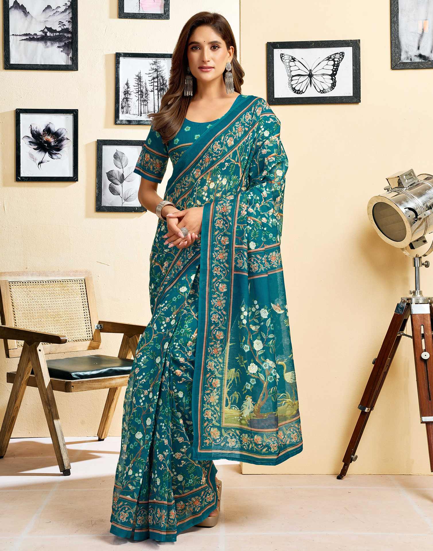 Ready To Wear Teal Blue Linen Printed Saree - Image 5
