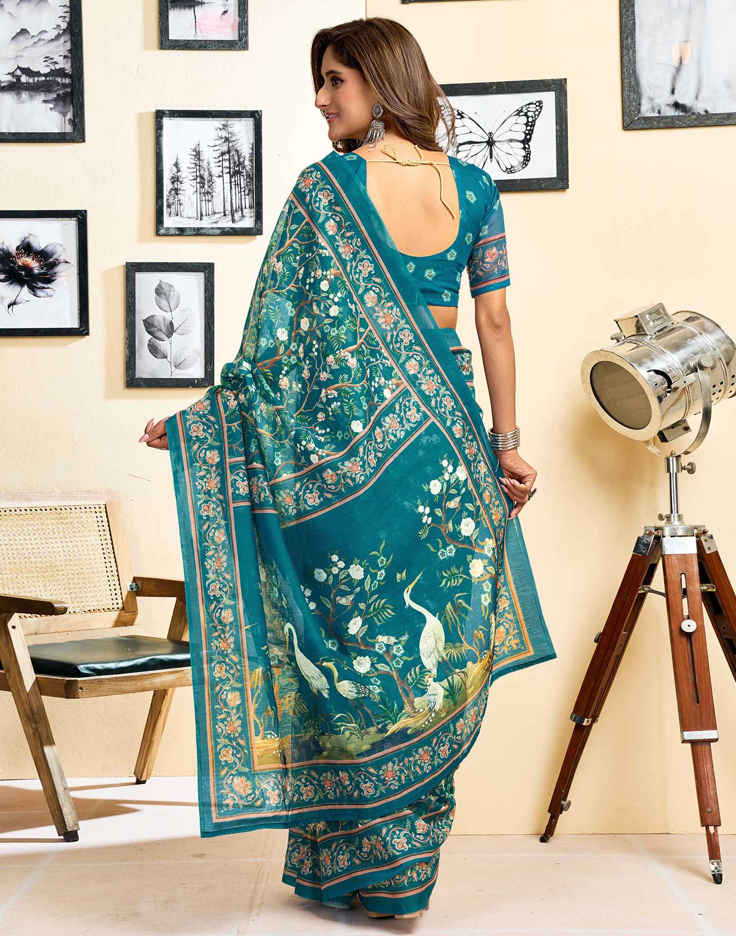 Ready To Wear Teal Blue Linen Printed Saree - Image 8