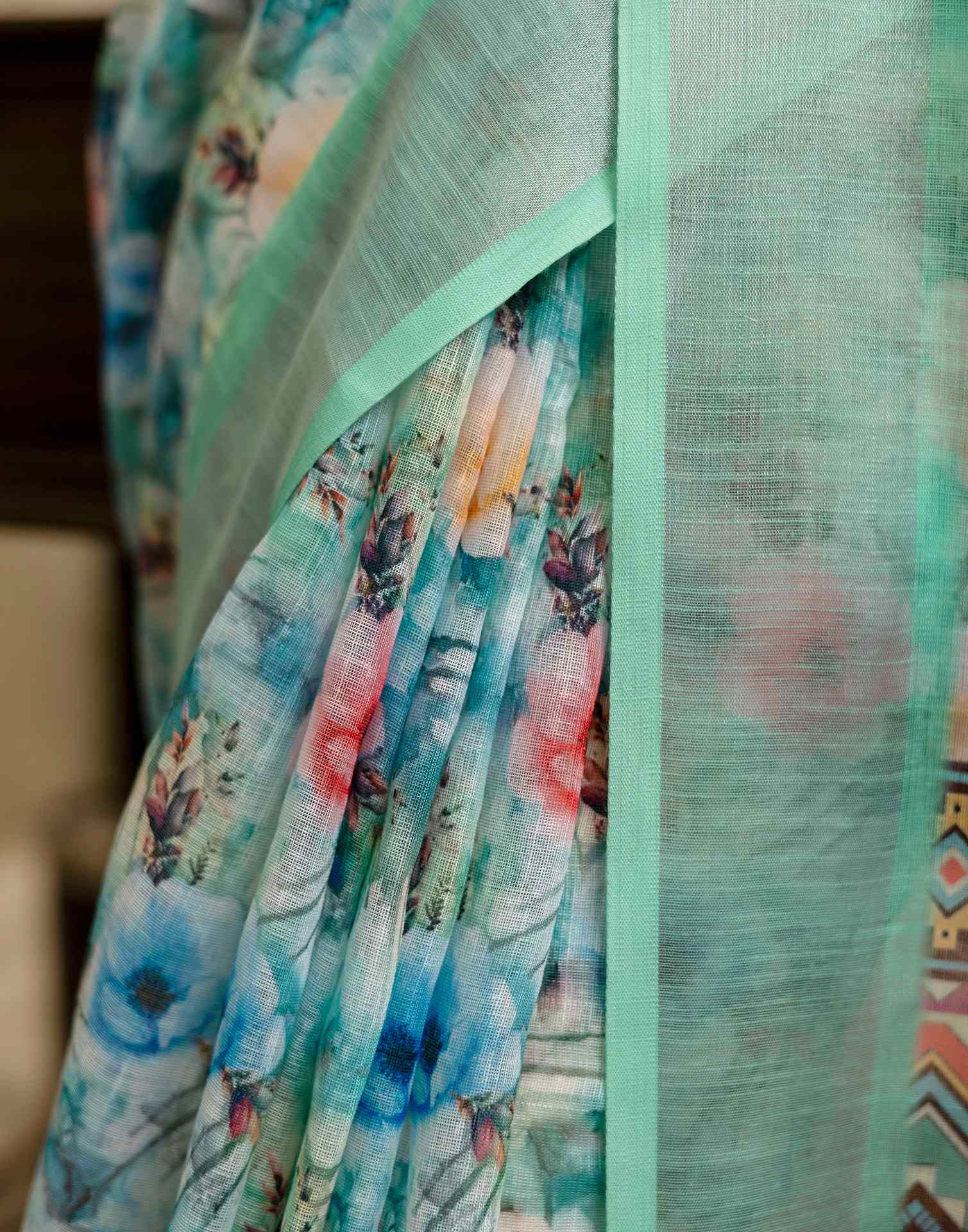 Ready To Wear Teal Green Linen Woven Border Printed Saree - Image 9