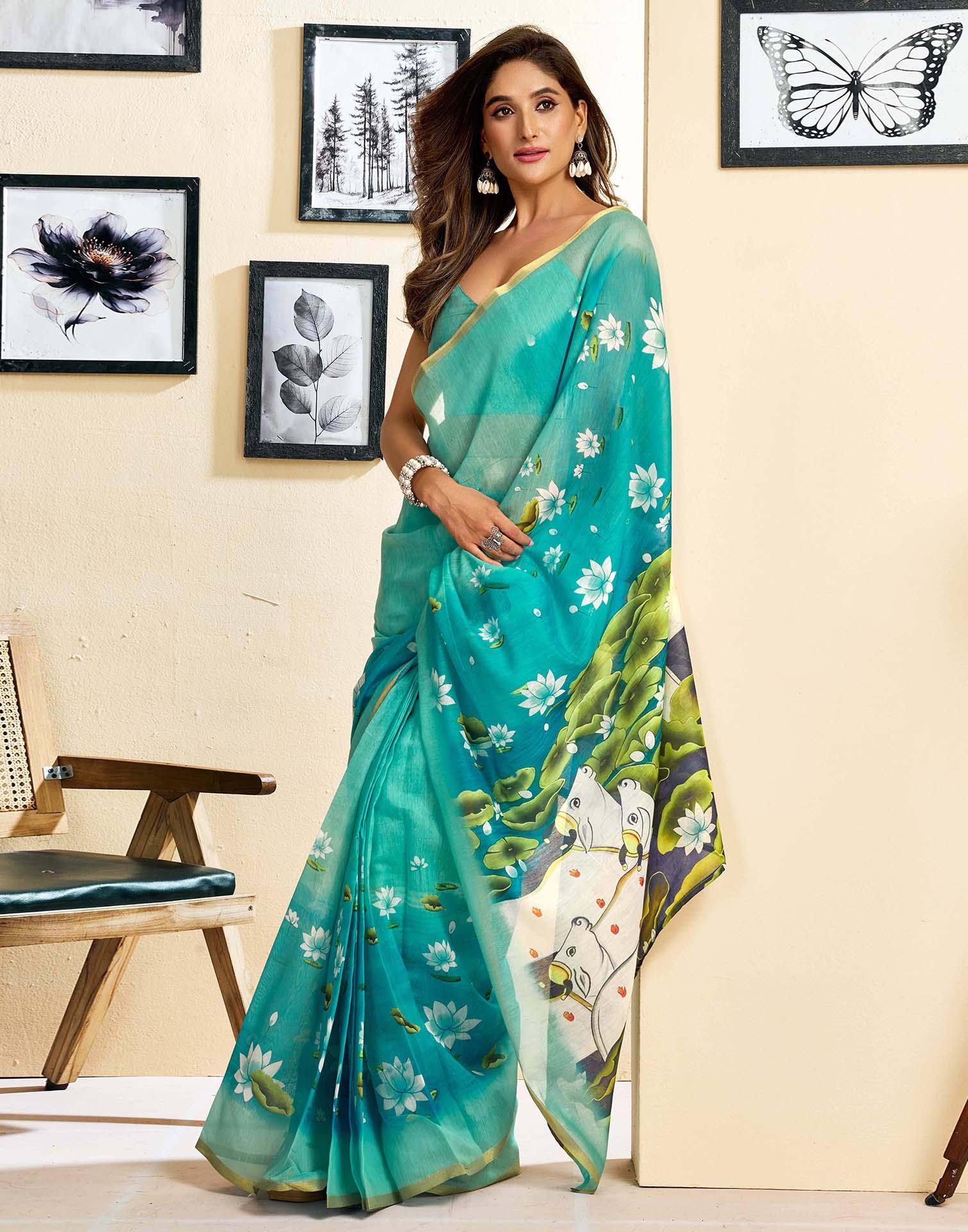 Ready To Wear Turquoise Blue Linen Floral Printed Saree - Image 8