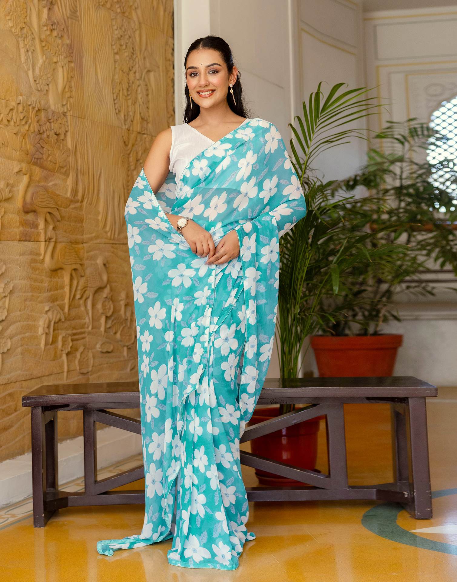 Ready To Wear Turquoise Georgette Floral Printed Saree - Image 8