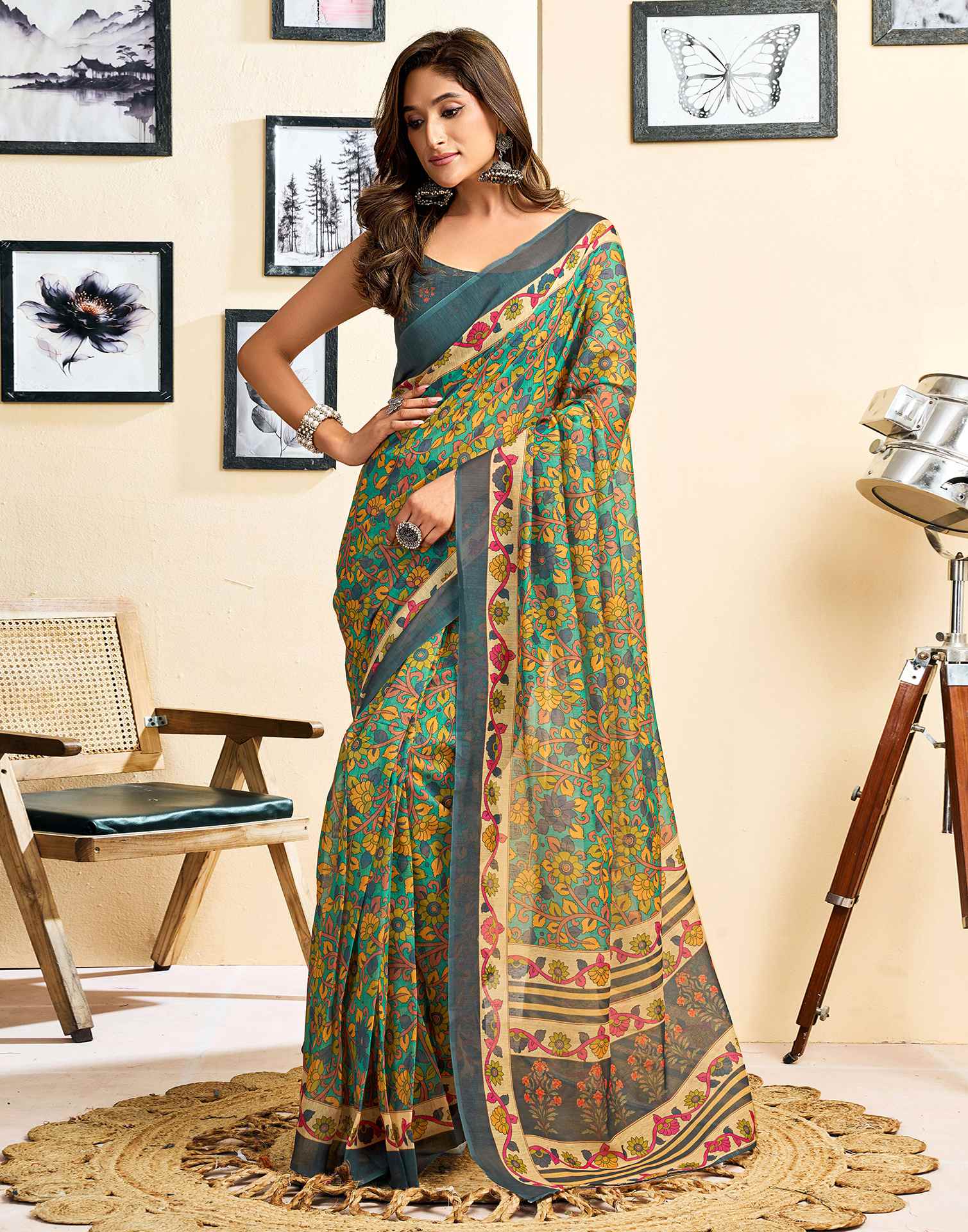 Ready To Wear Turquoise Linen Printed Saree - Image 2