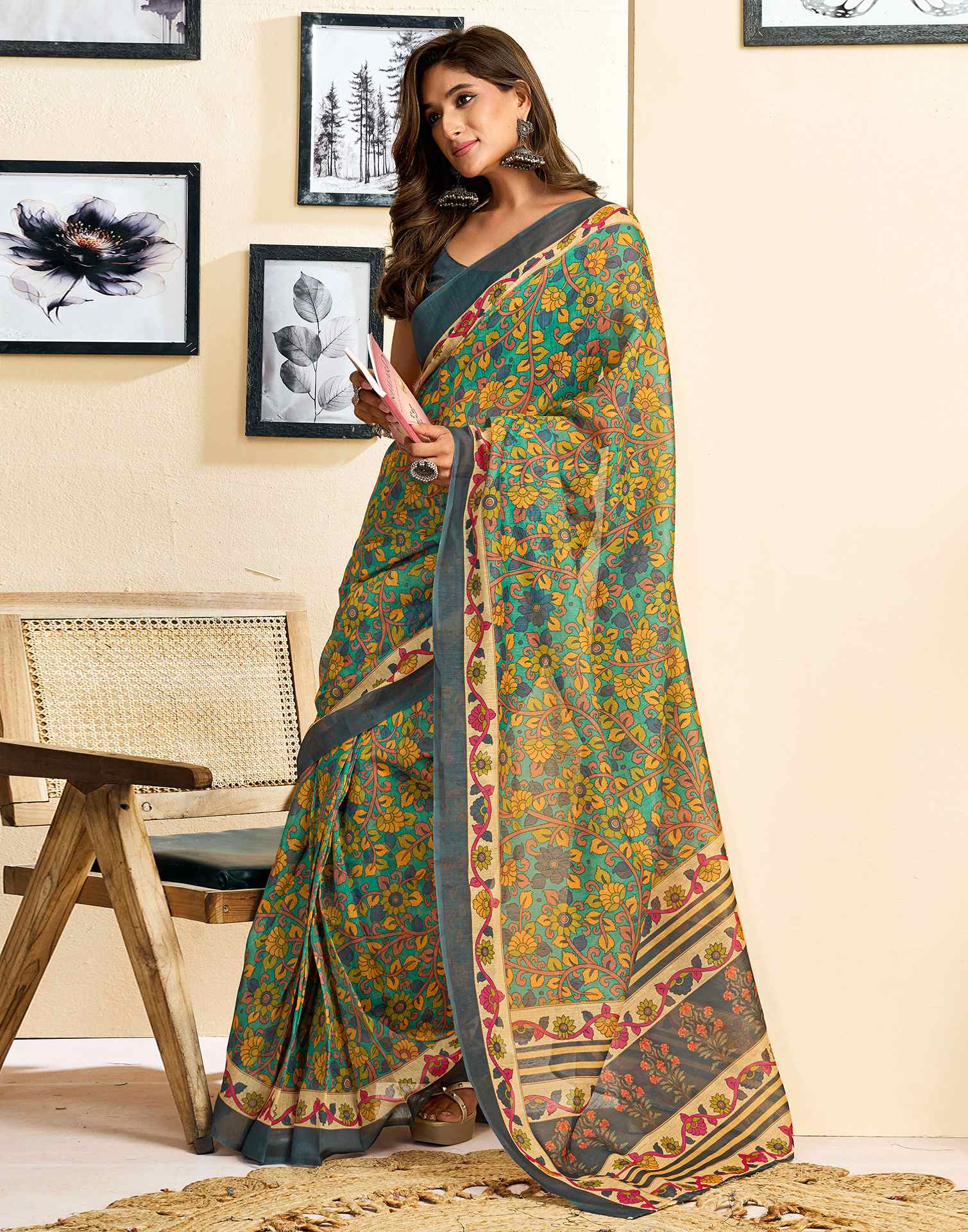 Ready To Wear Turquoise Linen Printed Saree - Image 6