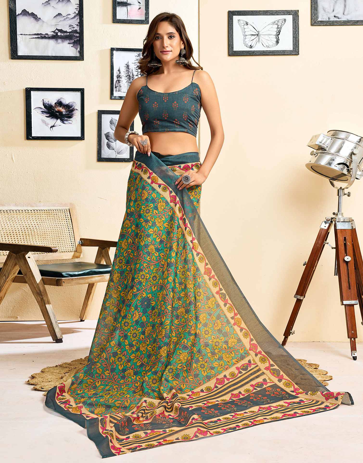 Ready To Wear Turquoise Linen Printed Saree - Image 8