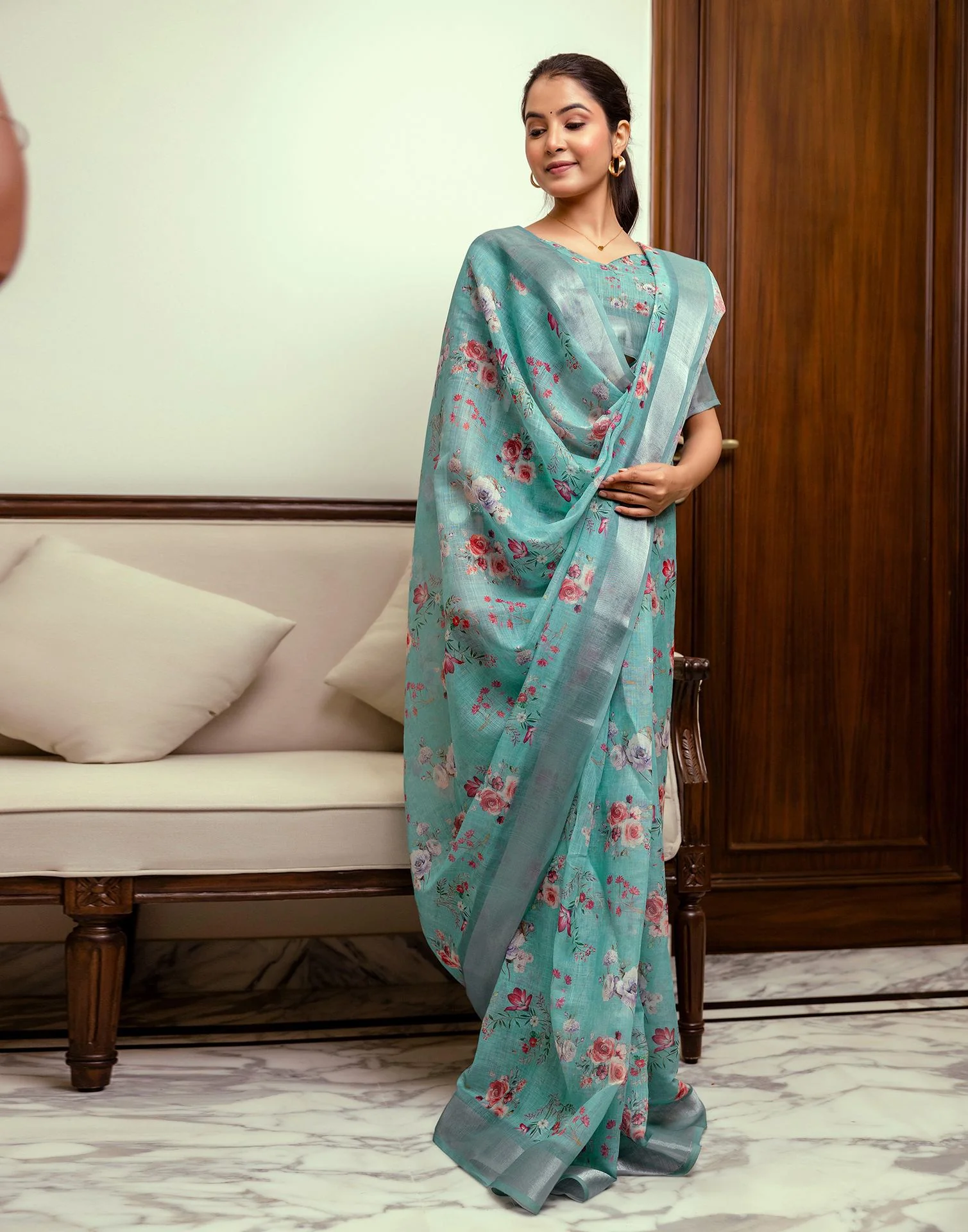 Ready To Wear Turquoise Linen Woven Border Floral Printed Saree - Image 6