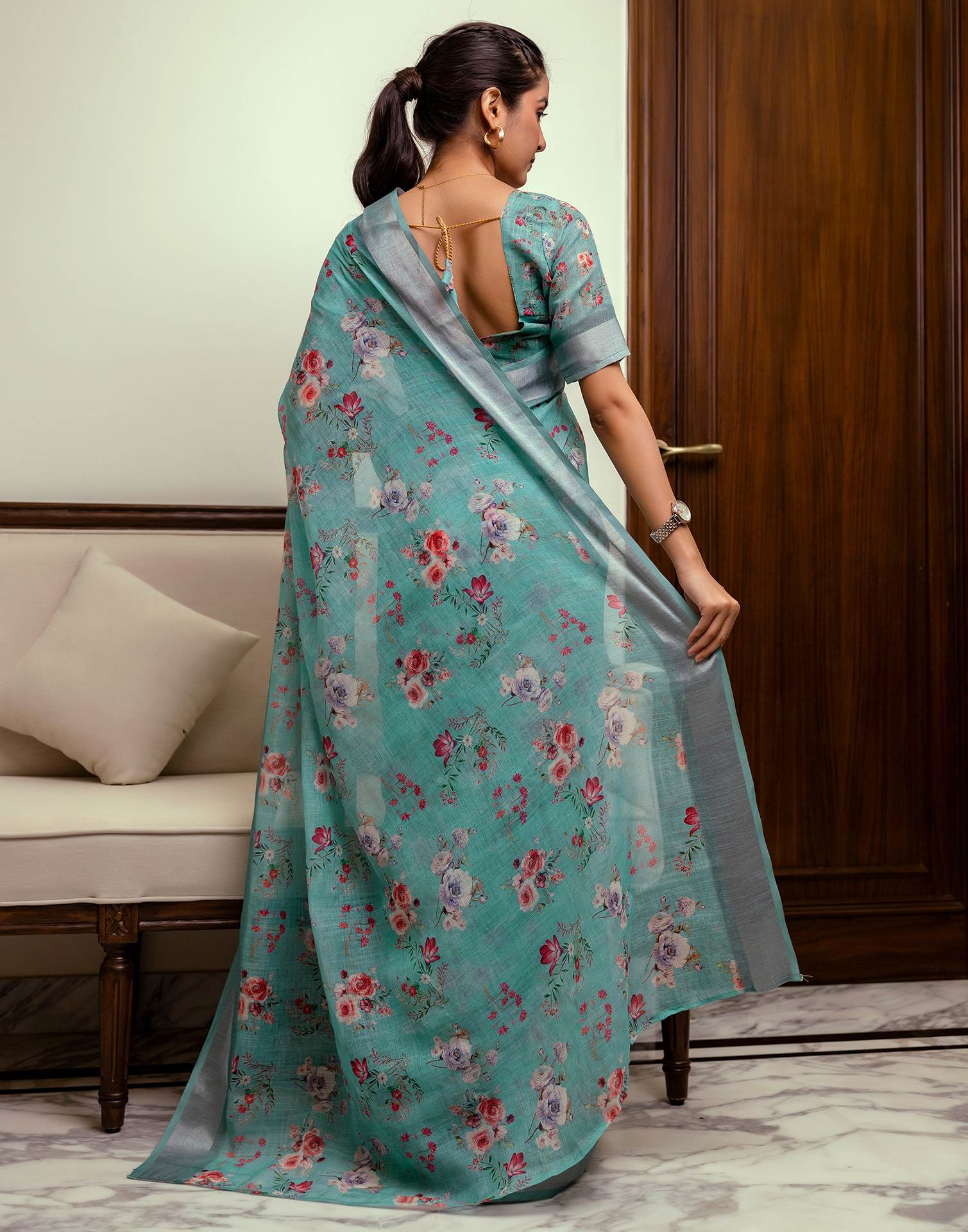 Ready To Wear Turquoise Linen Woven Border Floral Printed Saree - Image 8