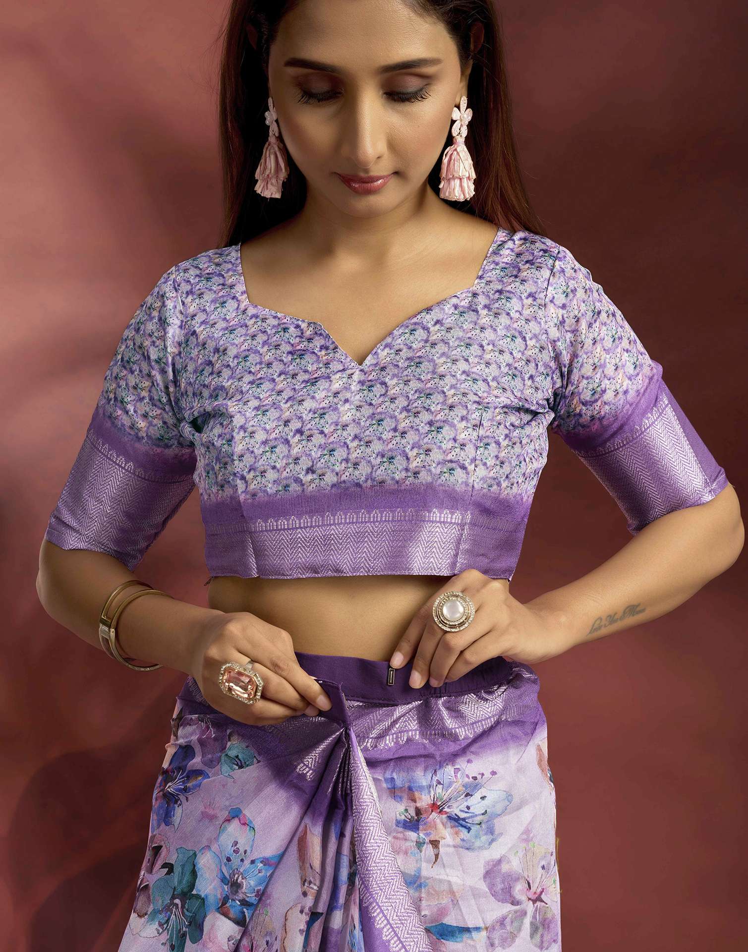 Ready To Wear Violet Dola Silk Printed Saree - Image 2
