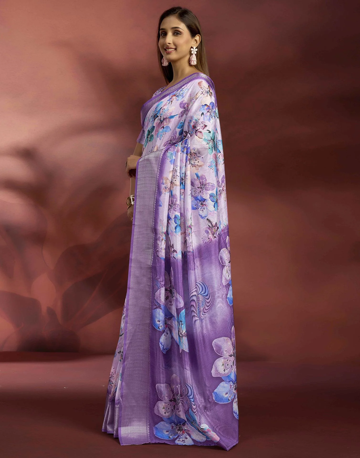 Ready To Wear Violet Dola Silk Printed Saree - Image 5