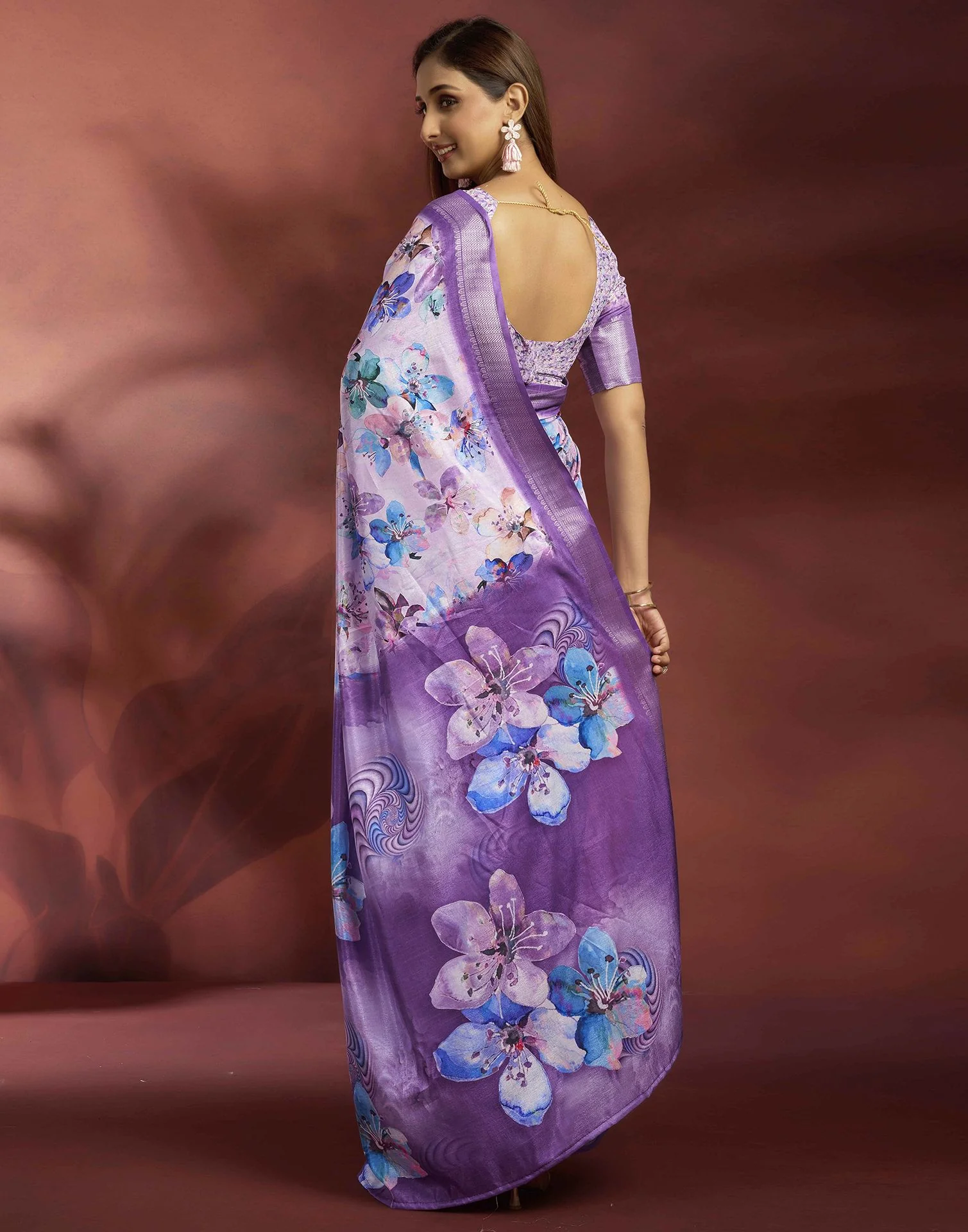 Ready To Wear Violet Dola Silk Printed Saree - Image 6