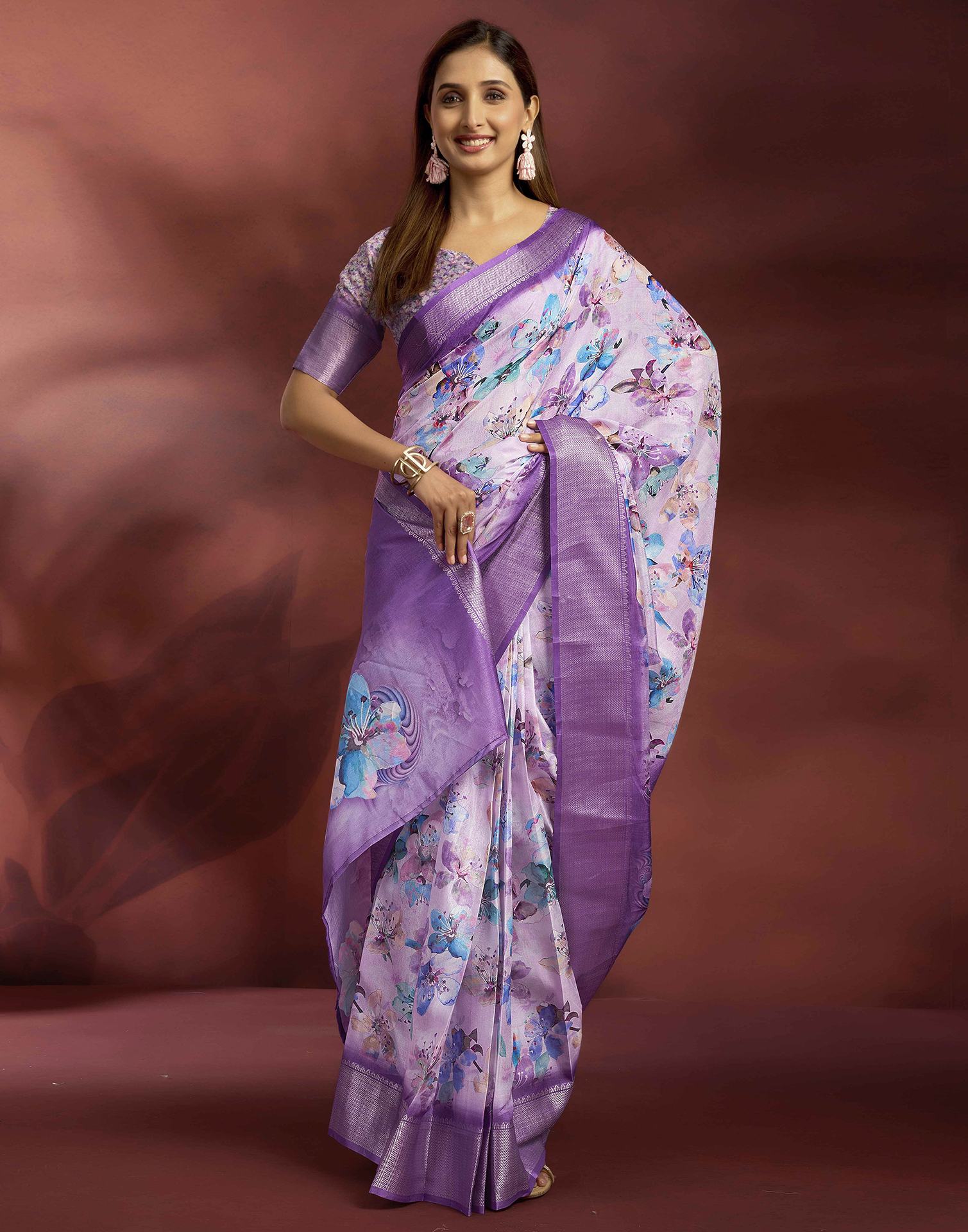 Ready To Wear Violet Dola Silk Printed Saree - Image 7