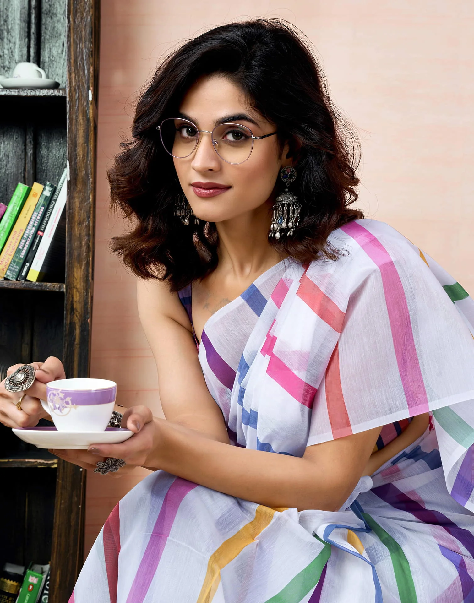Ready To Wear White Chanderi Printed Saree With Pocket - Image 4