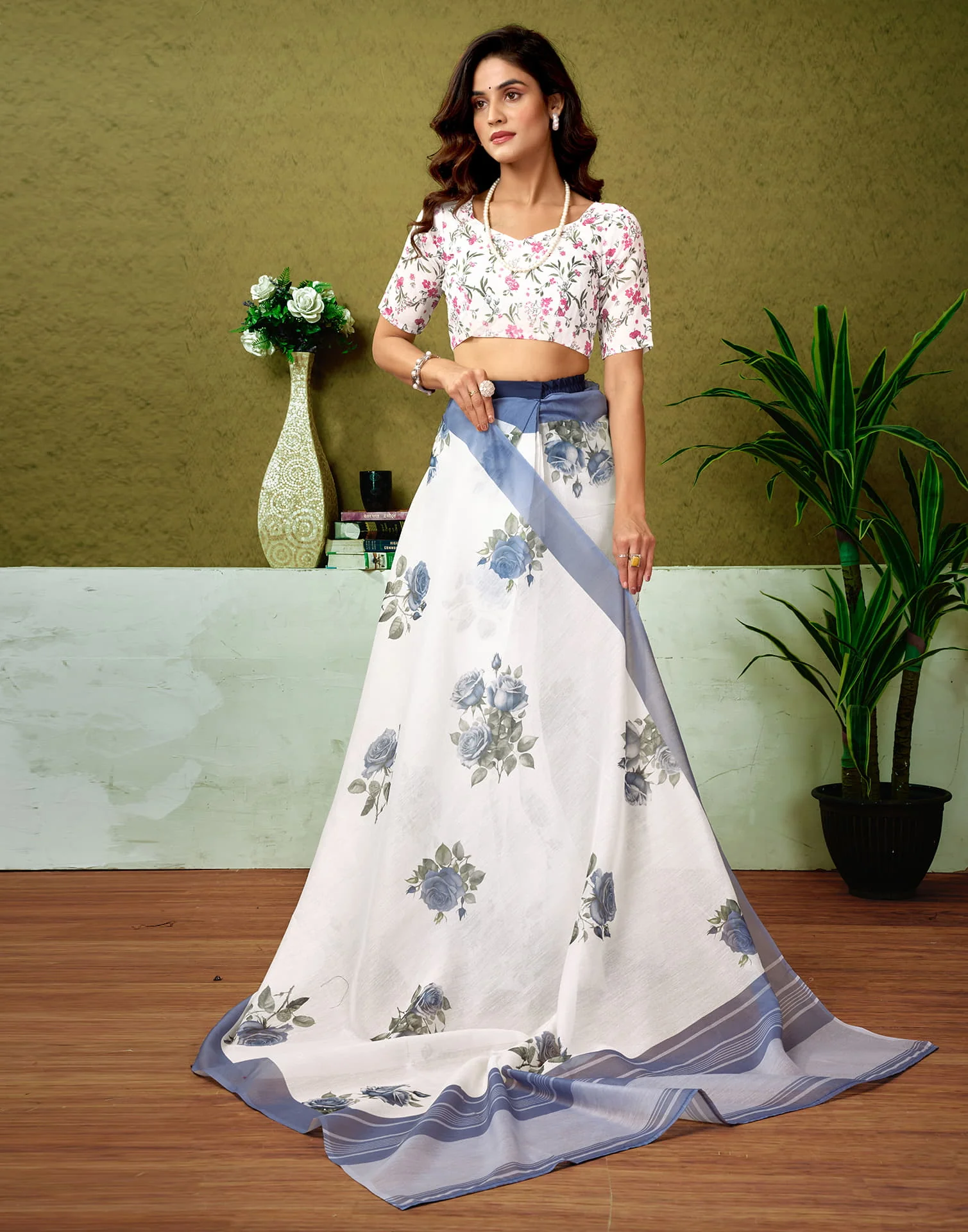 Ready To Wear White Cotton Floral Printed Saree - Image 7