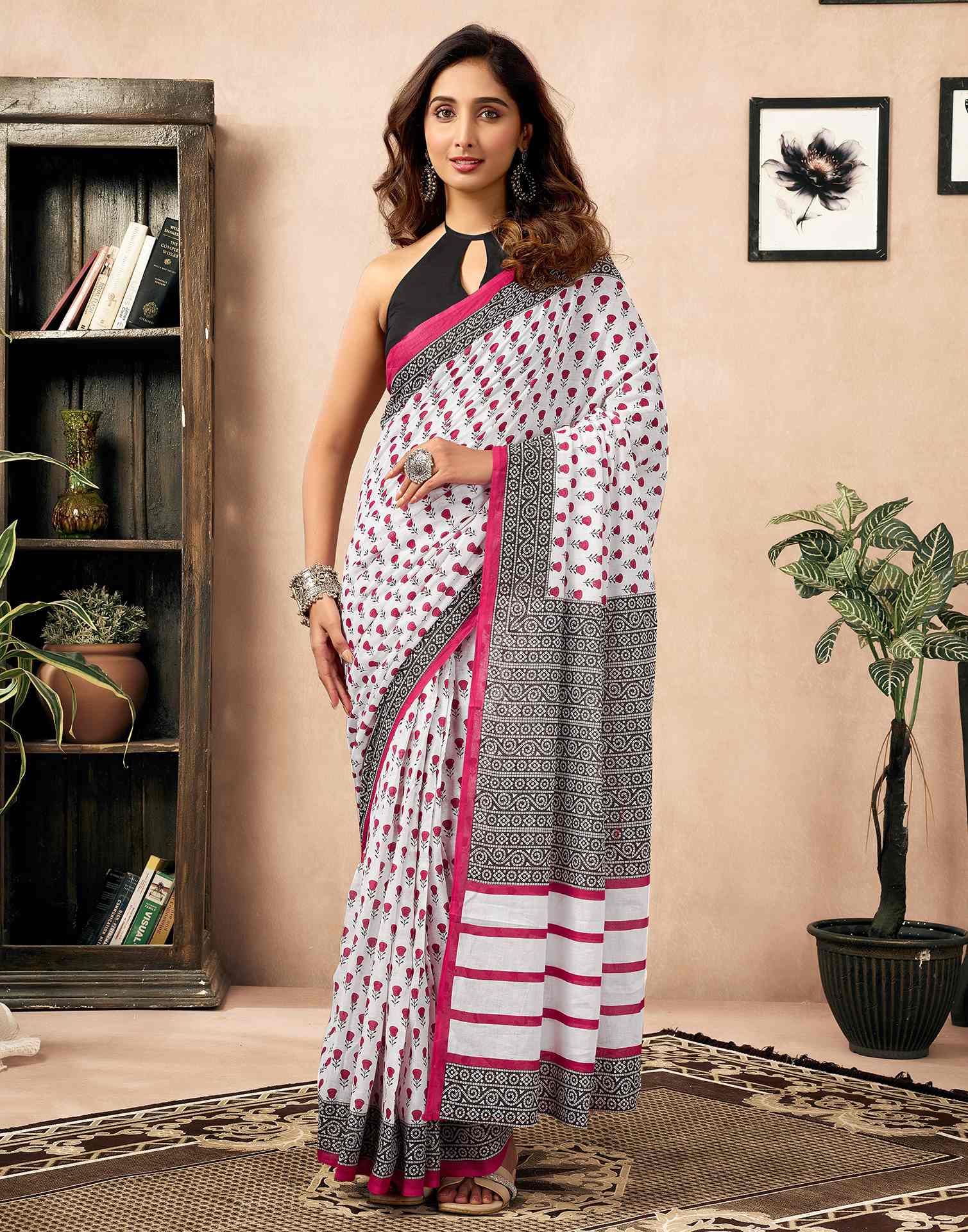 Ready To Wear White Cotton Printed Saree - Image 2