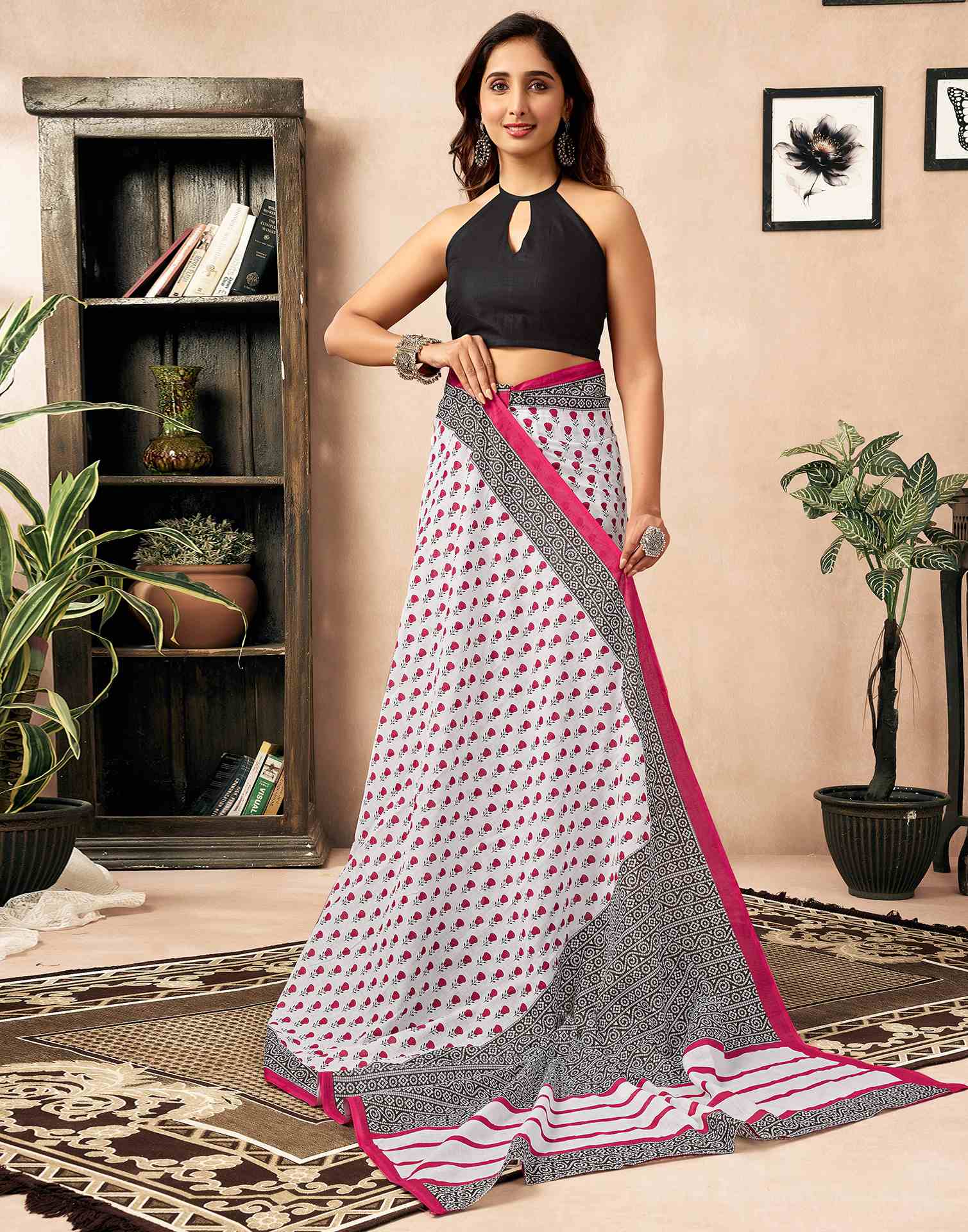 Ready To Wear White Cotton Printed Saree - Image 8